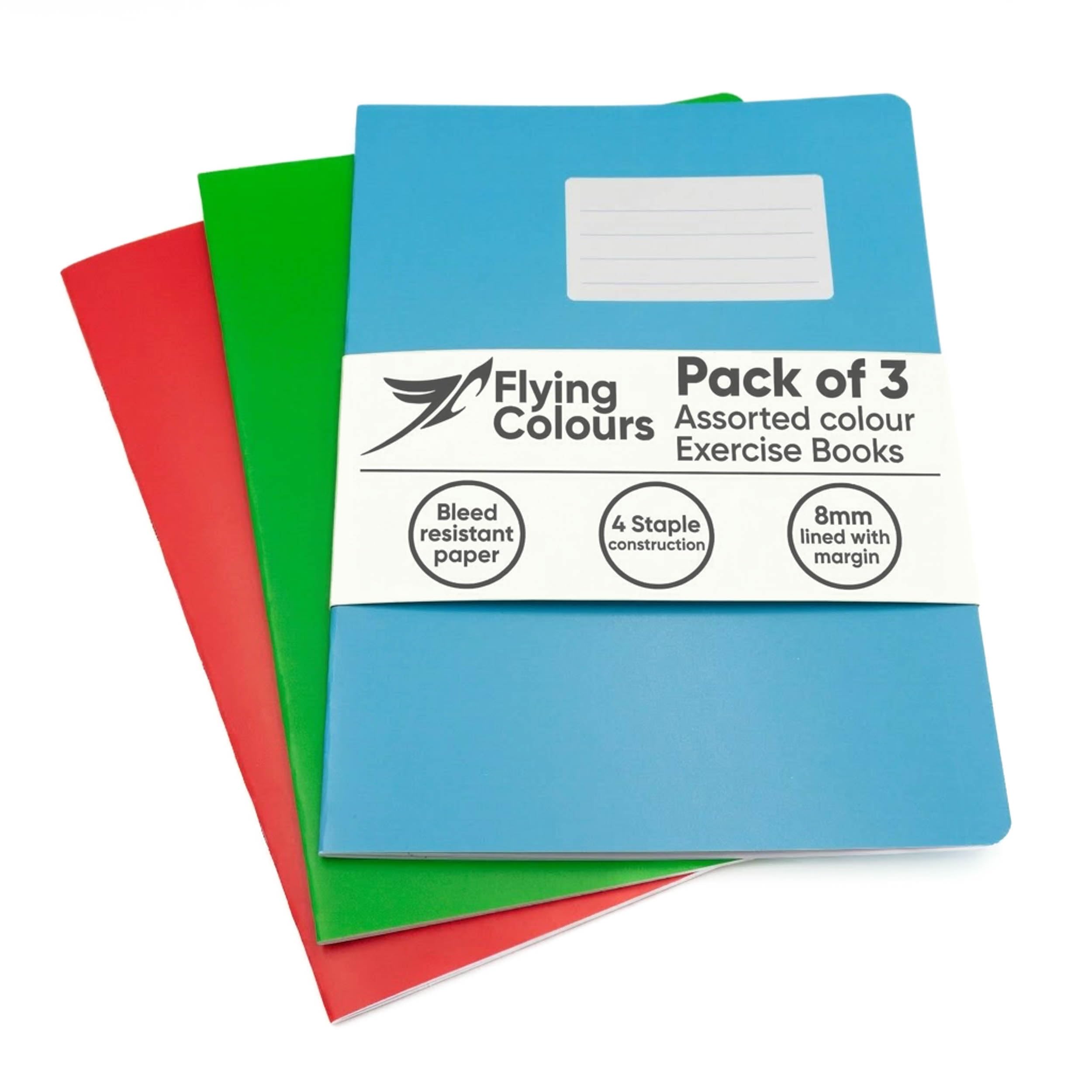 Flying Colours A4 Exercise Books 8mm Lined Pages, 3 Assorted Colour Exercise Books A4 Lined in Red, Green & Blue, Writing Book pack for Home or School Revision Notebooks, Journaling & Office Notes