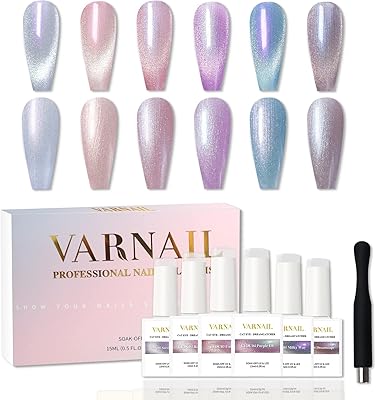 VARNAIL Cat Eye Gel Polish Kit 6 Colors, 15ML Glitter 9D Holographic Gel Polish with Magnet, Soak off U V Light Gel Nail Polish Set, Salon Magnetic Gel Nail Polish (Dreamcatcher)