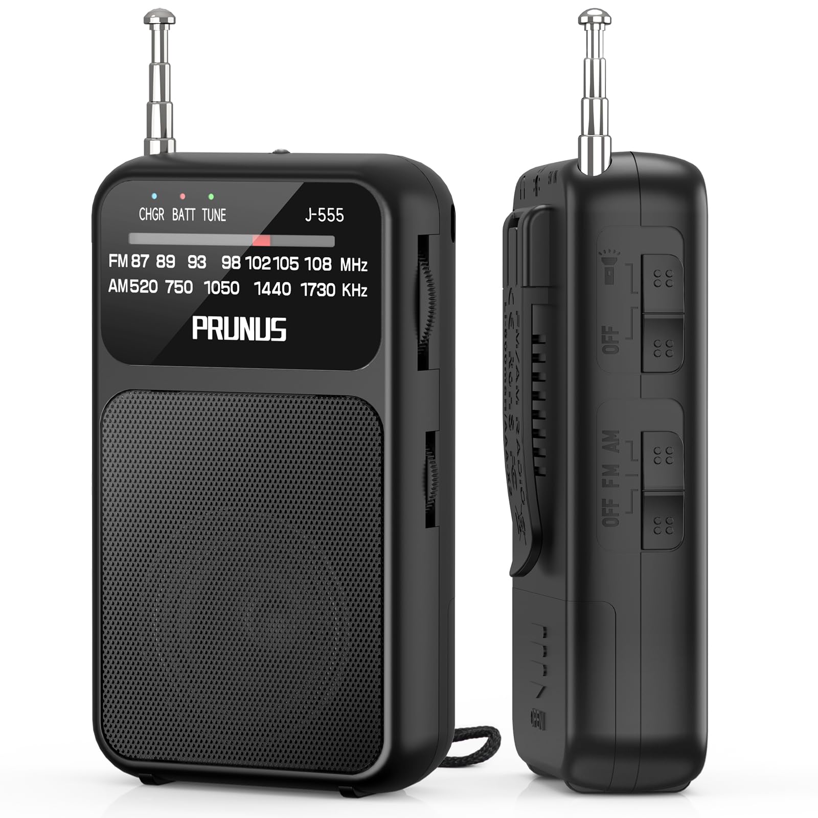 Przenośne radio PRUNUS J-555 AM/FM z akumulatorem 800 mAh/baterią 2AAA, małe radio tranzystorowe z klipsem na plecach i gniazdem słuchawkowym do użytku w pomieszczeniach, na zewnątrz i w (czarny)