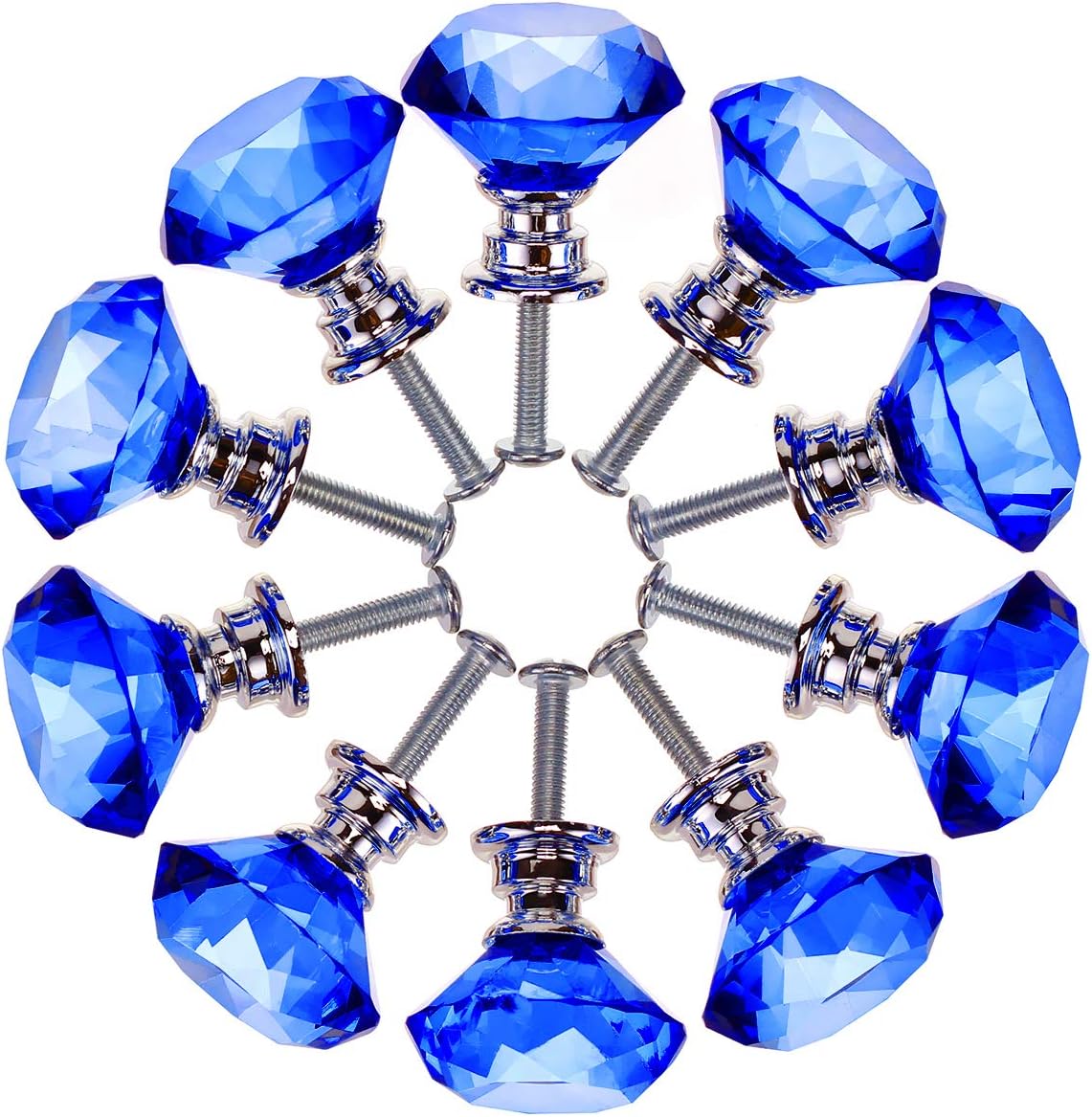 Akstore 10 Pcs Crystal Glass Cabinet Knobs 30mm Diamond Shape Drawer Kitchen Cabinets Dresser Cupboard Wardrobe Pulls Handles (Blue)
