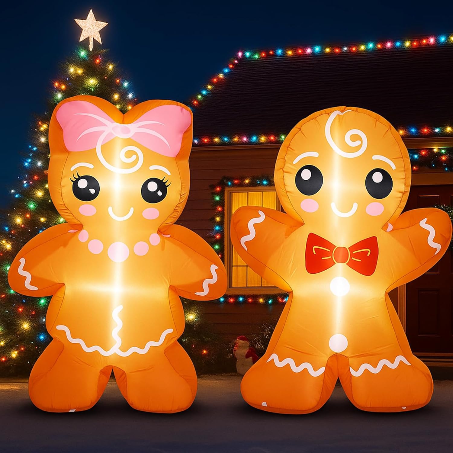 Leyndo 2 Pcs 4 FT Christmas Inflatable Gingerbread Man Outdoor Decoration Blow up Yard Decorations Cute Gingerbread Inflatable with Build-in LEDs for Xmas Winter Holiday Party Garden Lawn House Decor