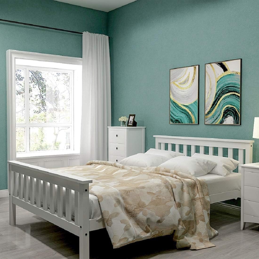 Wooden Bed 135 * 190CM, Double Bed Wooden Frame 4ft6, Double Bed with Slatted Base, Solid Wood Double Bed Frame with Headboard (White) up to 200 kg - Bed Frame Only (White- 140 * 200CM)