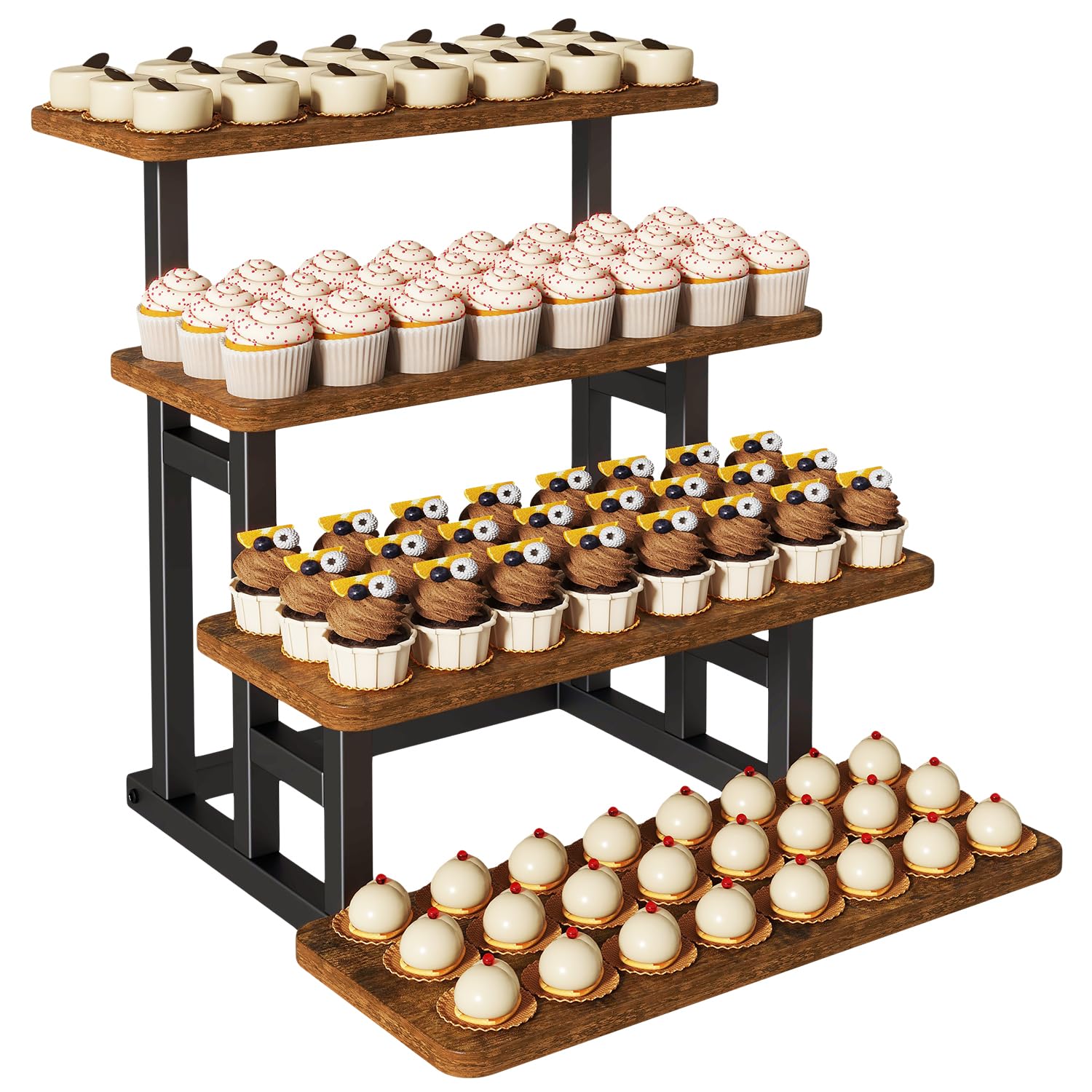 IBUYKE 4 Tier cupcake stand,Wooden Risers Display Stands,Tiered Display Stand for food,Dessert Table Display for Party,Afternoon tea, Family Gatherings,Rustic Brown TLJ018H