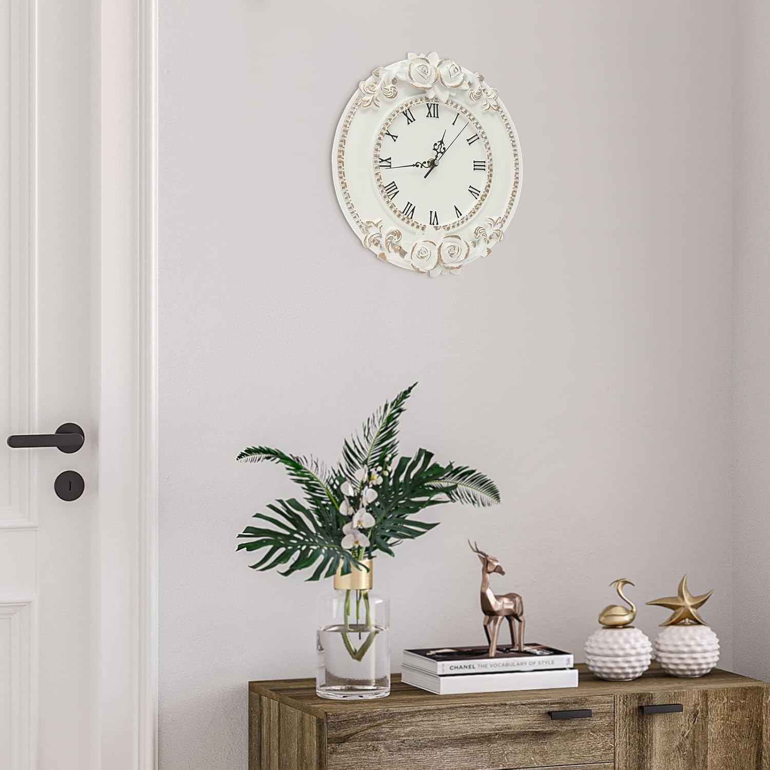 Eapmic European Style Resin Wall Clock, Retro Silent Clock with Rose Relief, Decorative Mural Clock for Living Room, Bedroom, Office, Farmhouse, Kitchen & Home Decor (White, 12.2 * 1.7 * 11.4in)