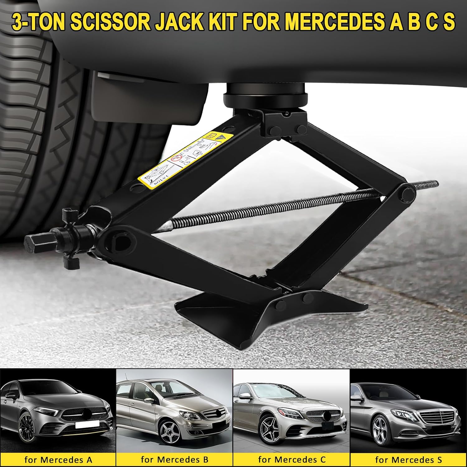 3-Ton Scissor Jack Kit for Mercedes A B C E W203/204/212/211/164 with Rubber Jack Pad, Car Spare Tire Repair Tools, Tire Changing Tools Kit for Chevrolet with L-Wrenches（17/19/21/23mm）