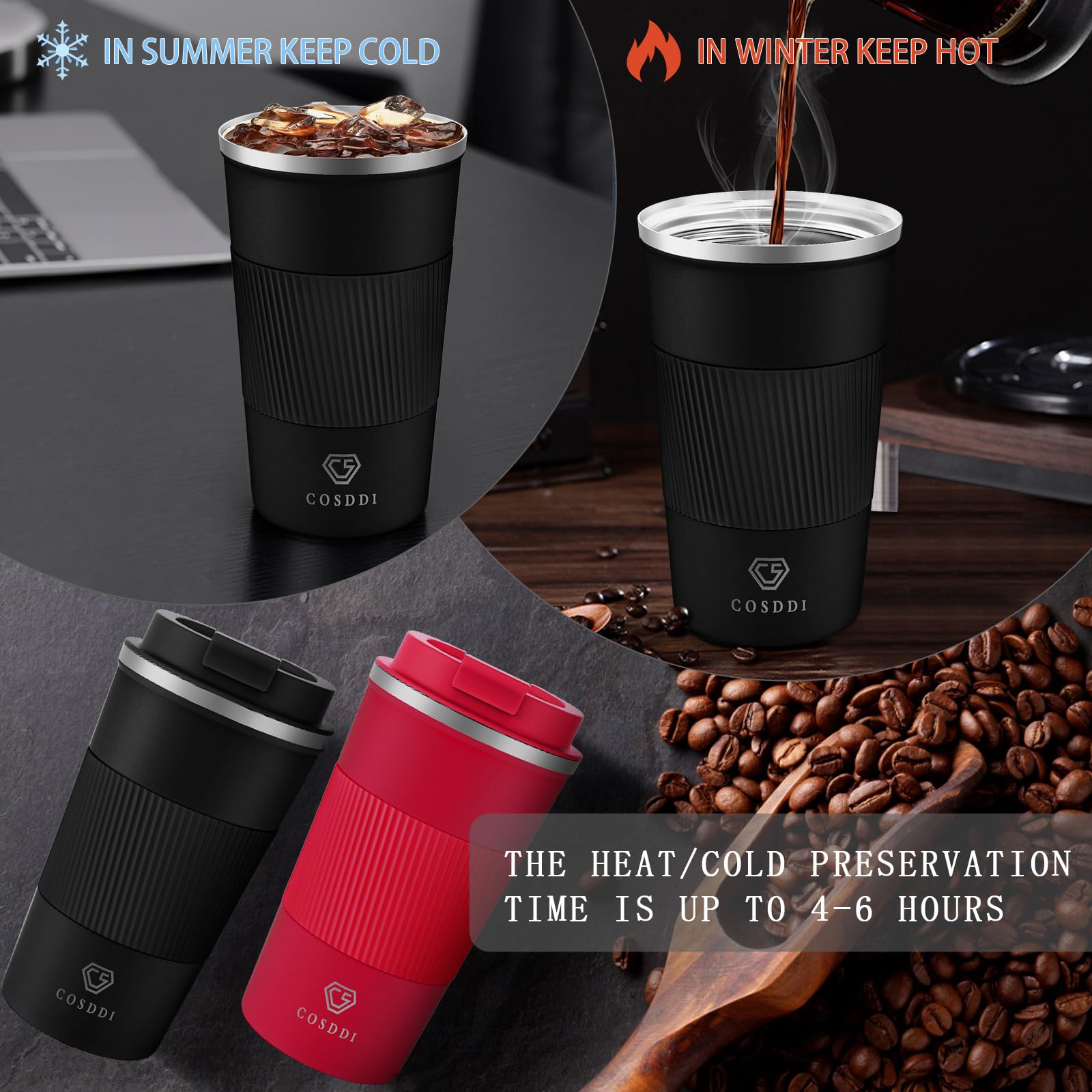 CS COSDDI Tazza Termica,Tazza da Viaggio per Caffe,Beuta da vuoto in acciaio inossidabile,Tazza termica da viaggio con coperchio a prova di perdite -Adatta a Caffe Te e Altre Bevande