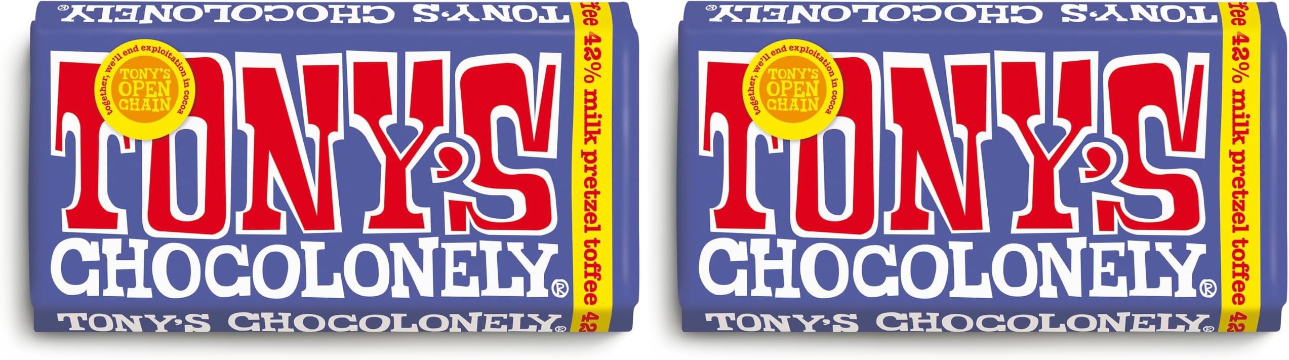 Tony's Chocolonely Dark Milk Pretzel Toffee Chocolate Bar - 1 x 180 gram - Darkchocolate Bar - 42% Cocoa - Gift - Vegetarian - Belgian Fairtrade Chocolate (Pack of 2)