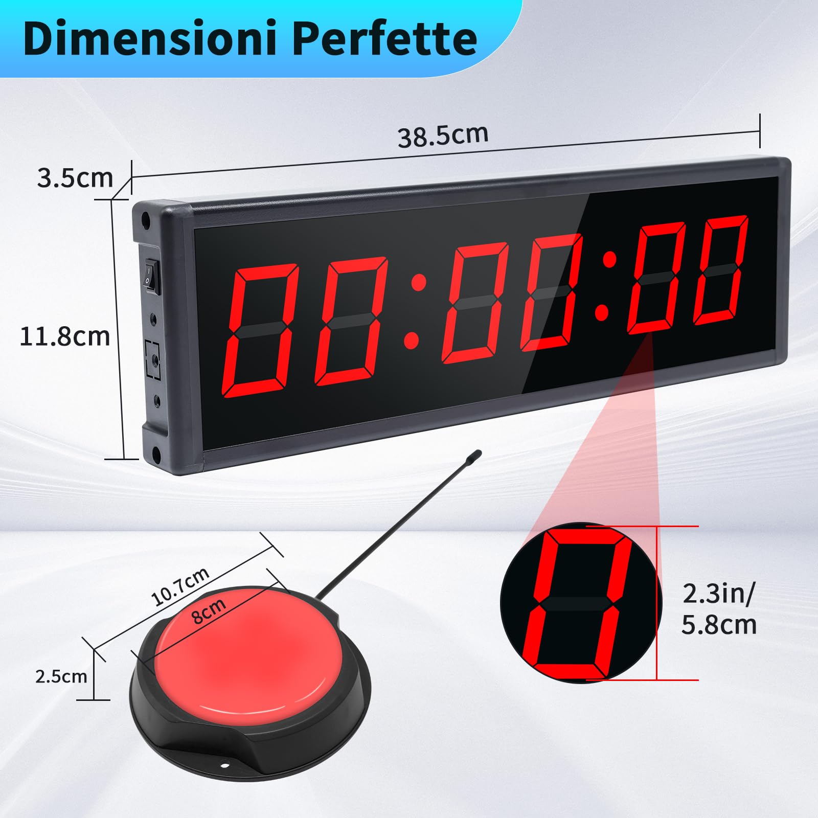 Countdown Timer, 12/24H Orologio da Parete Digitale con Telecomando, Cronometro Sportivo con Pulsante di Avvio/Arresto Wireless, Timer di Intervallo per Sport e Home Gym (1 pulsante)