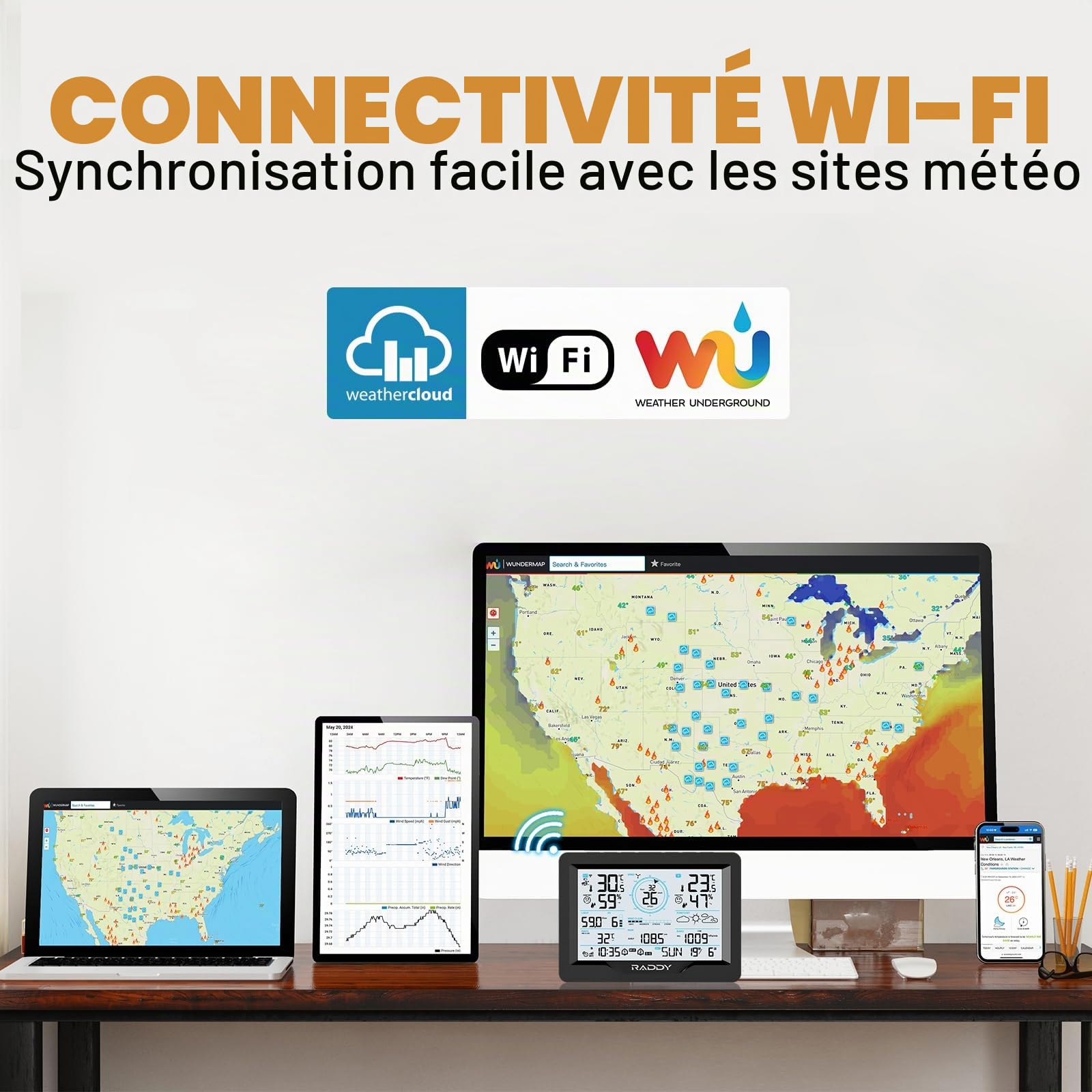 Raddy MN6 Station Météo Wi-Fi, Station Météo Sans Fil 15-en-1 pour Intérieur et Extérieur, Moniteur Température Humidité avec Pression Atmosphérique, Pluviomètre, Vitesse du Vent, UV, Prévisions Météo