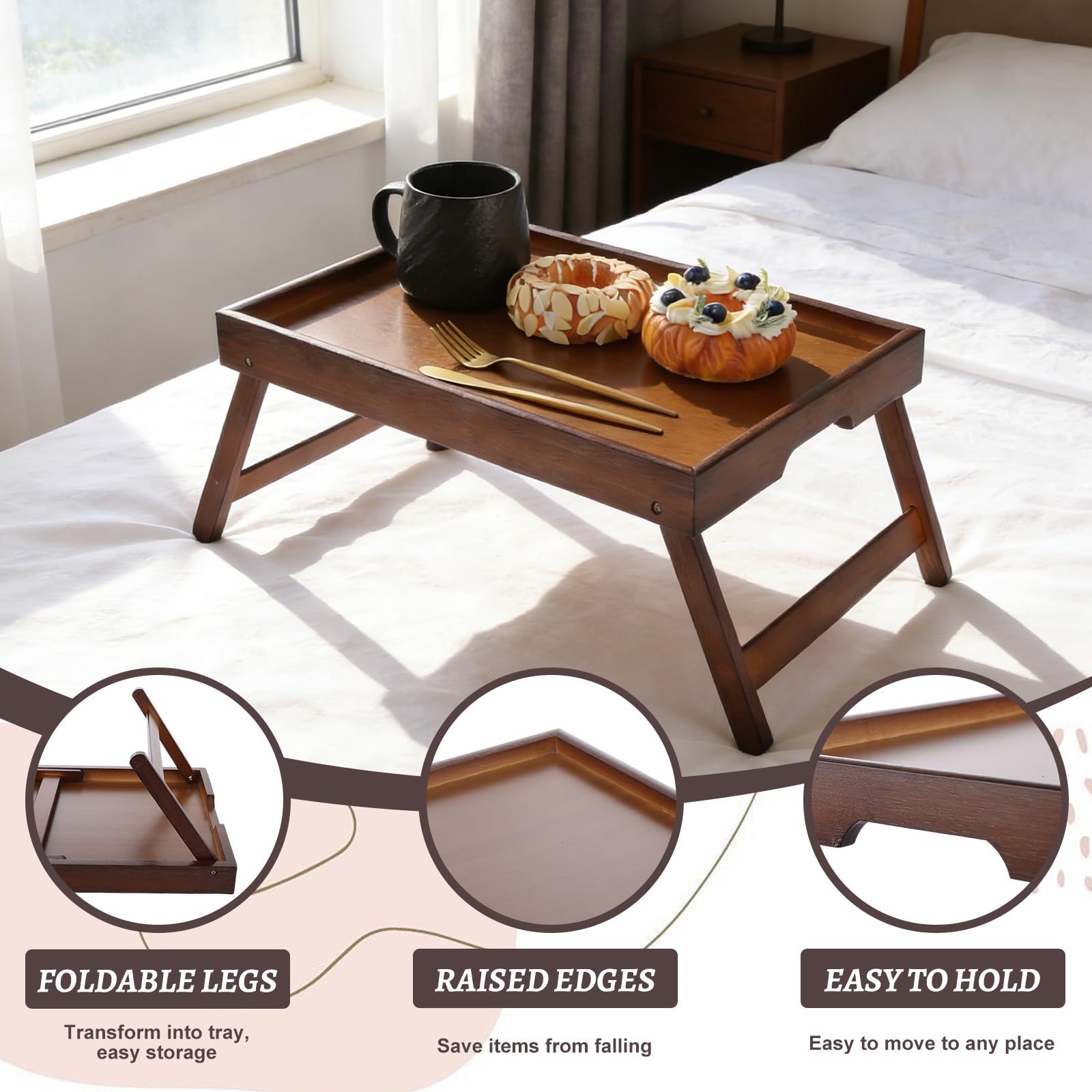 DAJAVE 2 bandejas de cama para comer, bandeja de desayuno con patas plegables, bandejas de bambú para sofá, comer, trabajar, se utiliza como bandejas de escritorio para aperitivos