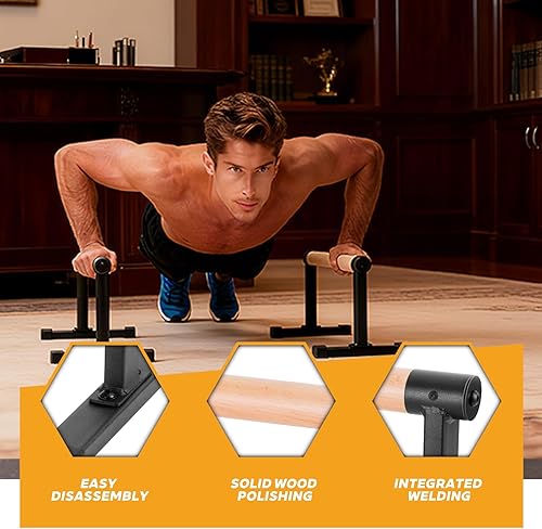 Miniatura 4 de Barras paralelas de madera de 20 pulgadas de largo y 12 pulgadas de altura, barra de inmersión con asas gruesas de haya, soportes de flexión para