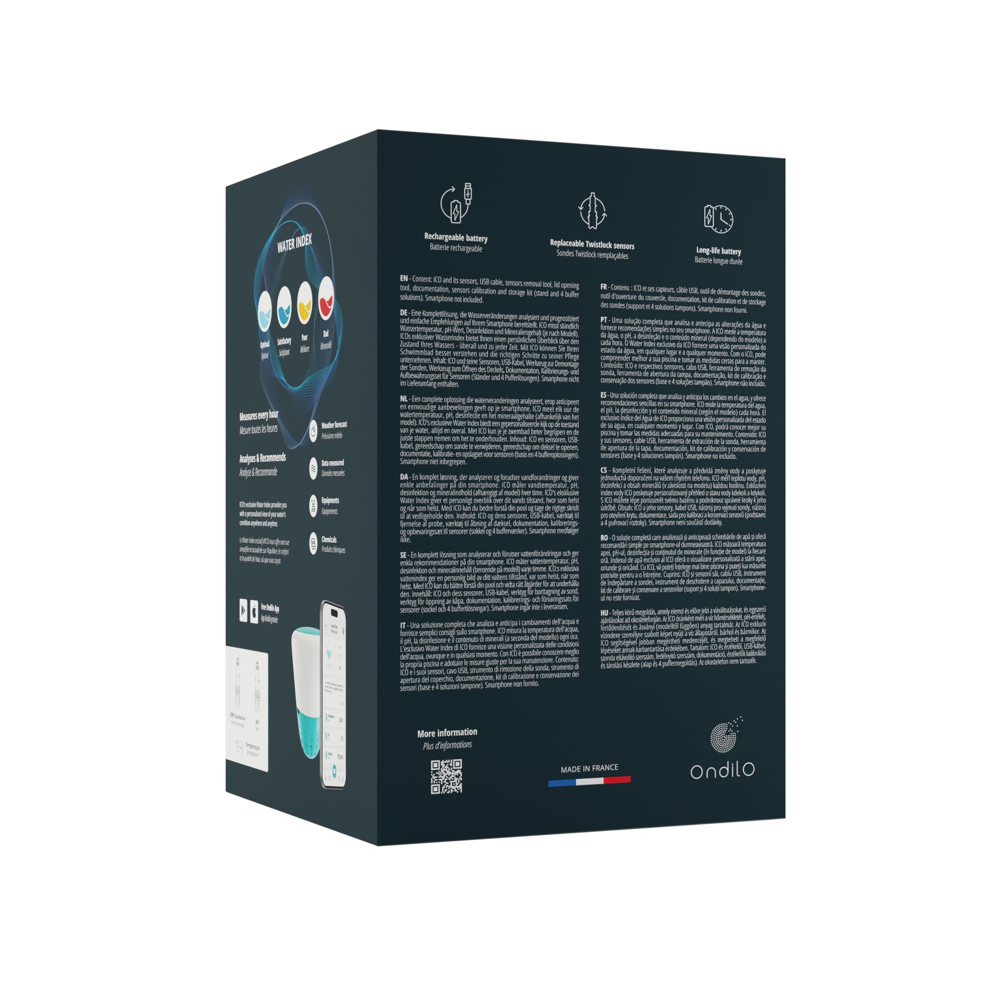 Ondilo ICO Pool V2 Essential+ Chlore Brome - Analyseur d'eau connecté pour piscines traitées au Chlore ou au Brome - Mesures toutes les heures pH, ORP, température de l'eau - Kit de calibration inclus