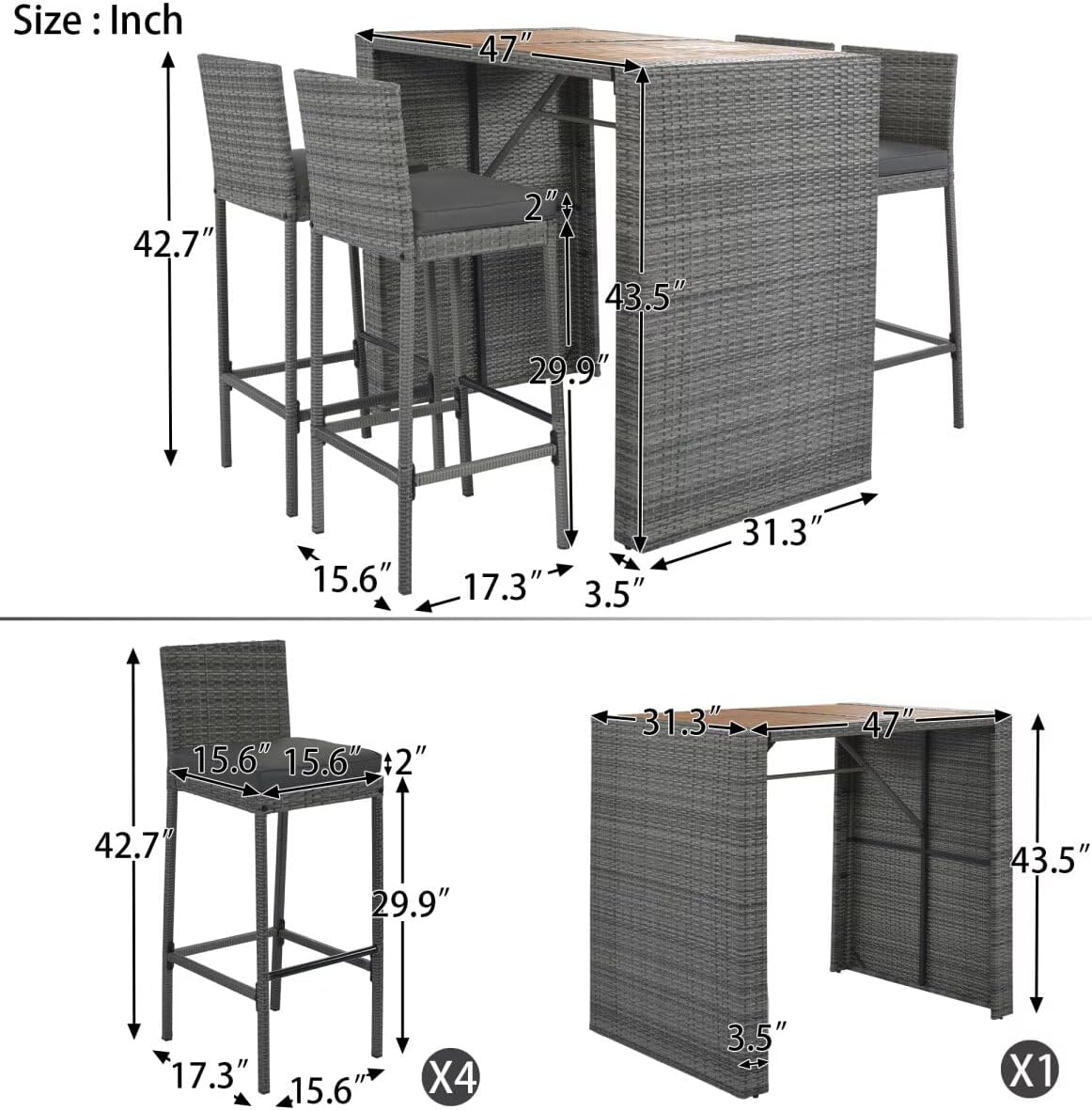 JIJIWANG 5-Pieces Outdoor Patio Wicker Bar Set, Bar Height Chairs with Non-Slip Feet and Fixed Rope, Removable Cushion, Acacia Wood Table Top, Brown Wood and Gray Wicker
