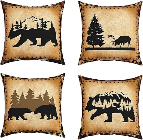 Juego de 4 fundas de almohada retro de oso, funda de cojín de caza de ciervos de cabaña para decoración del hogar, sala de estar, funda de cojín disponible en Yaxa El Salvador