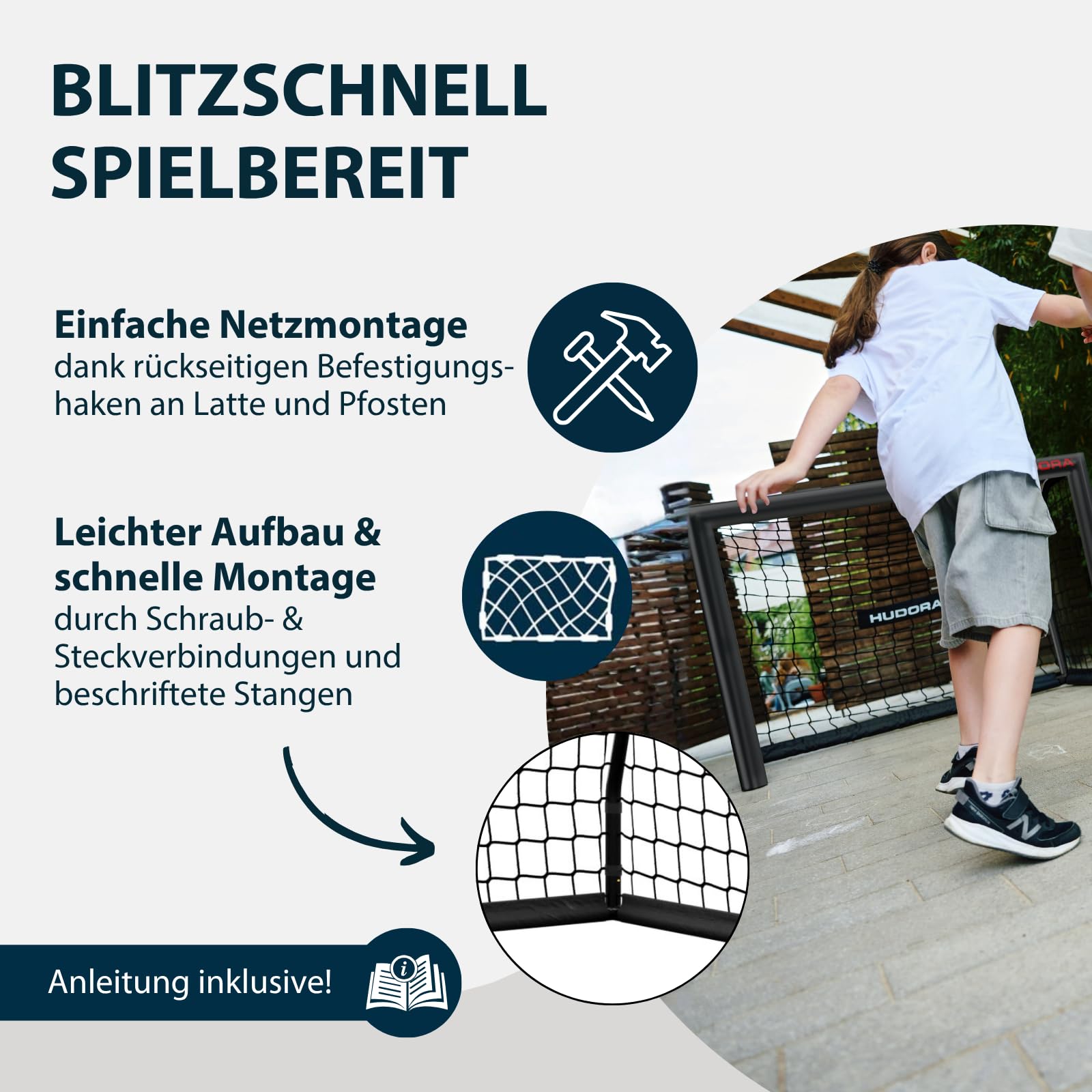 HUDORA Fußballtor Advanced – Outdoor Fußballtor mit robustem Stahlrahmen und wetterfestem Netz – schneller Aufbau Dank klick-System – stabiles Tor für Kinder, Jugendliche & Erwachsene – schwarz