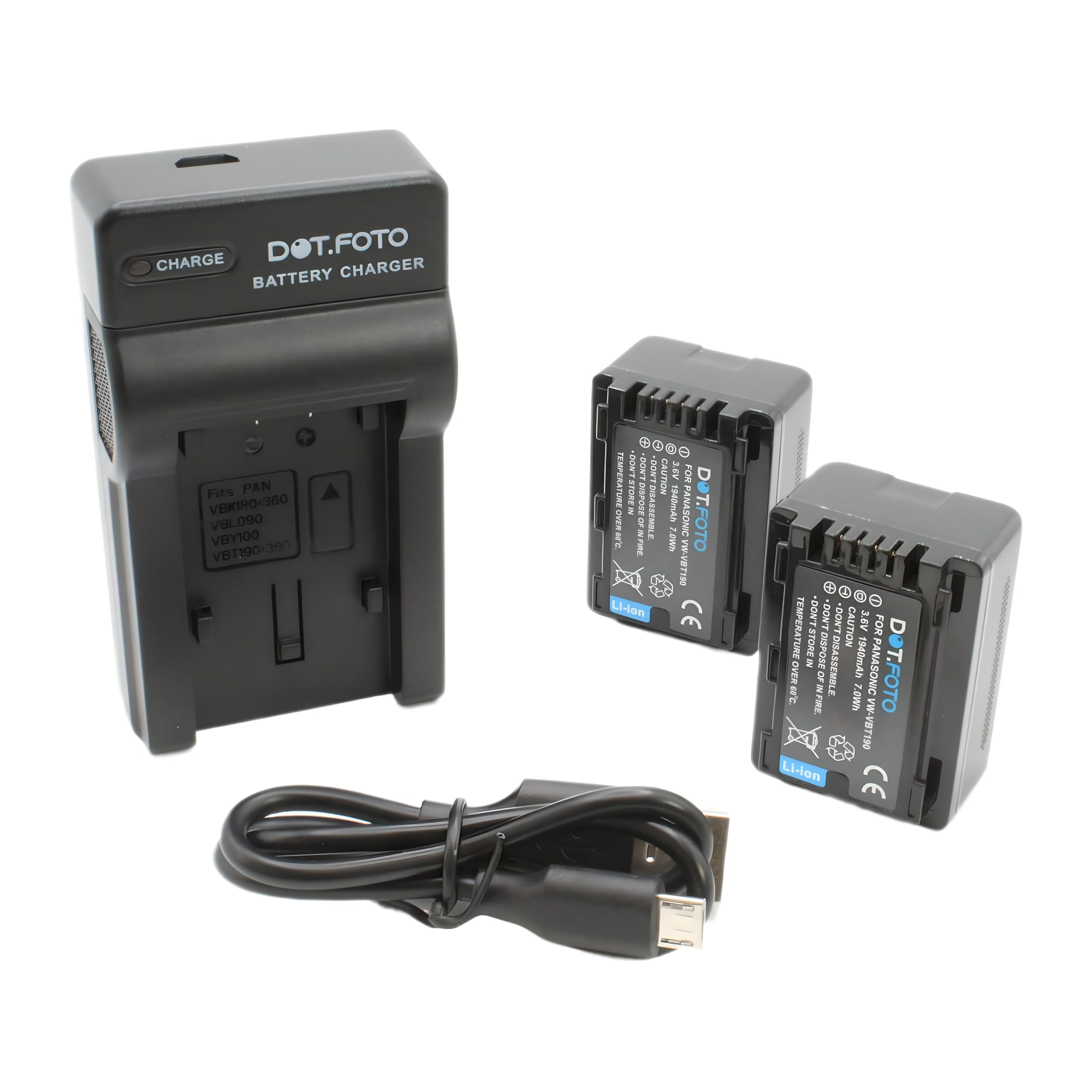 VW-VBT190 Premium 1940mAh Batterie (x2) & Chargeur de Batterie USB pour Panasonic HC-V110, HC-V130, HC-V160, HC-V180, HC-V201, HC-V250,HC-V260,V720 V750 V770 V777 VX870 VX980 VX989