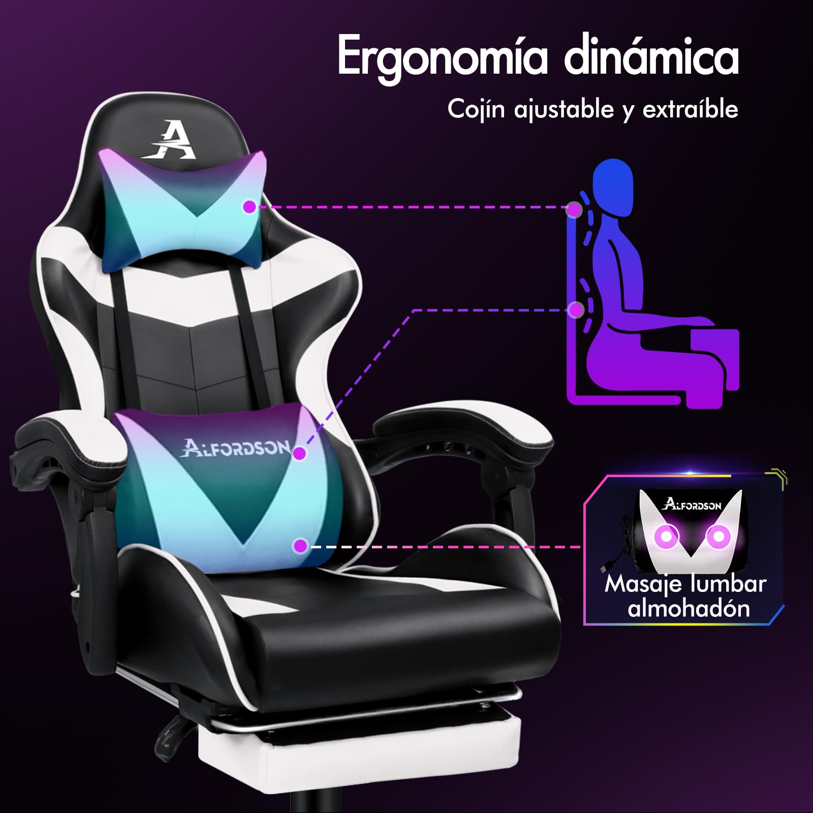 ALFORDSON Silla Gaming Profesional con Masajeador, Silla Ergonómica Gamer, Altura Regulable Silla con Apoyo Lumbar y Reposacabezas, Respaldo Inclinable hasta 150°, Giratoria de 360°, Cuero PU(Blanca)