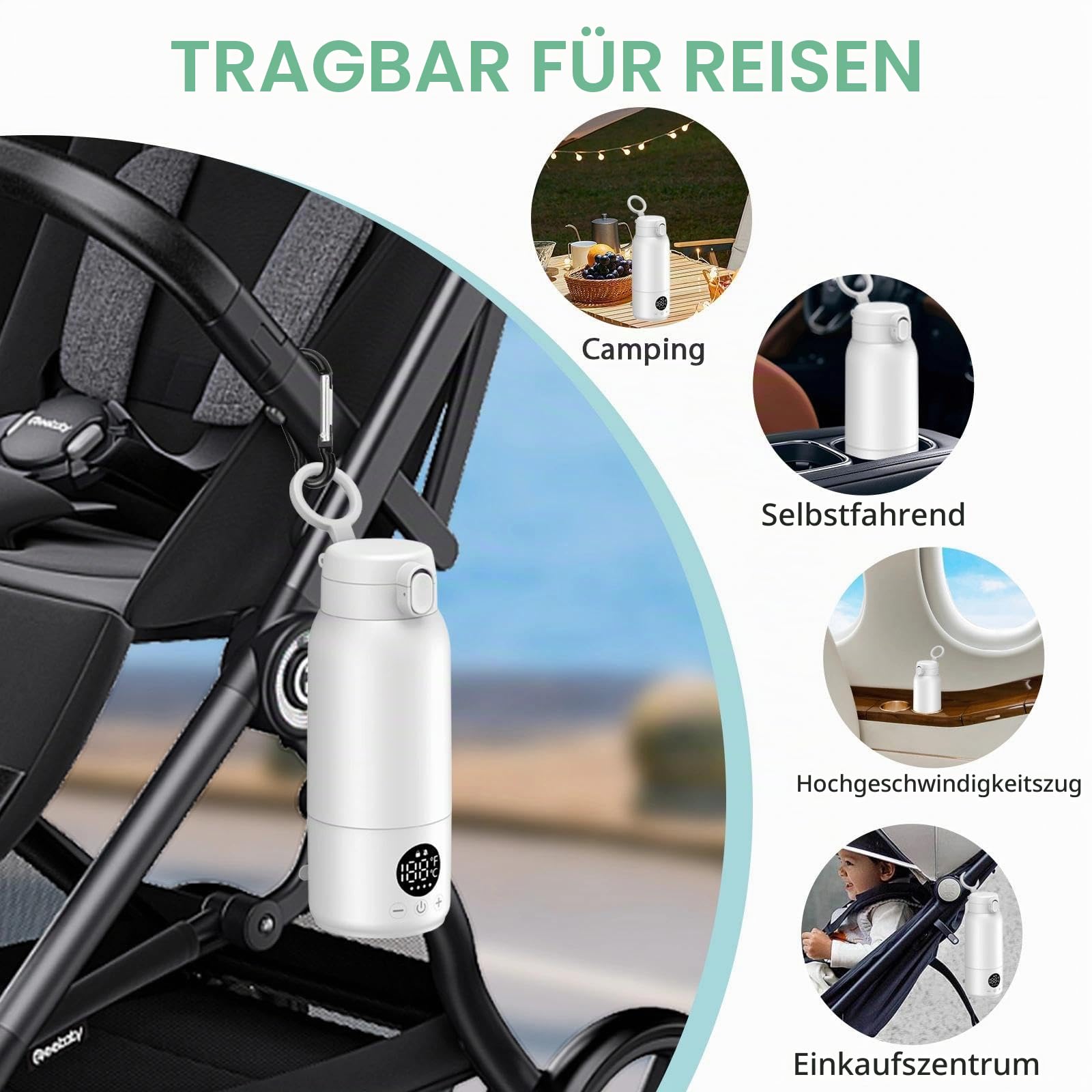 Tragbarer Flaschenwärmer Baby Unterwegs 500ml Flaschenwärmer mit Lange Akkulaufzeit 11000mAh 35-70℃ Einstellbar Babyflaschenwärmer Schnelles Aufheizen für Muttermilch und Wasser