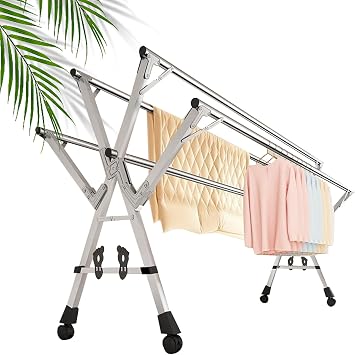 Clothes Drying Rack Folding Indoor, Racks for Laundry Room, Clothes Drying Rack Outdoor, Laundry Stand Organizer Stainless Steel, Laundry Standing Rack with Wheels 240cm/95in