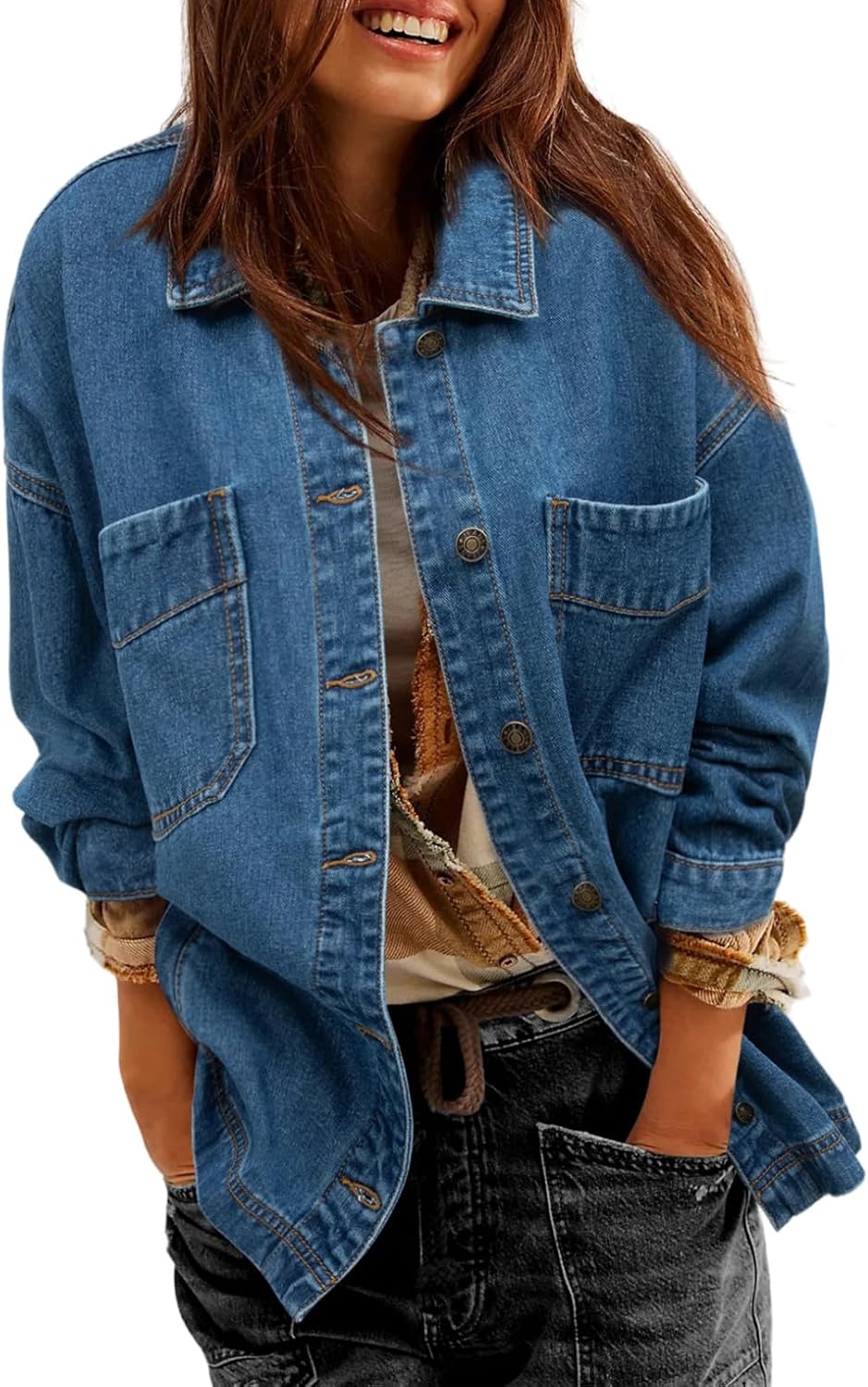 Sidefeel Women's Jean Jacket Oversized Boyfriend Button Up Long Sleeve Split Zimbaplatinum Denim Jackets