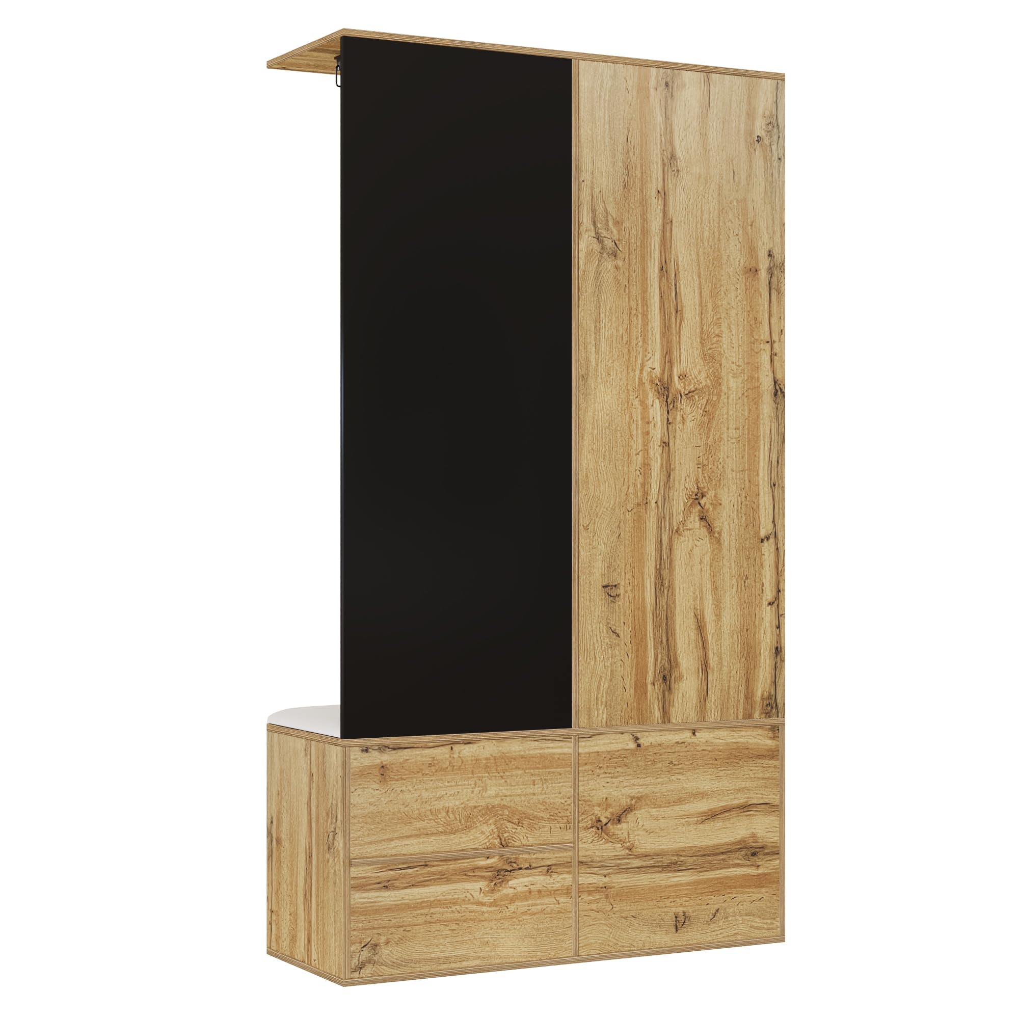 Elegante armario de color madera con espejo, zapatero, zapatero con ganchos y perchas extensibles (negro)