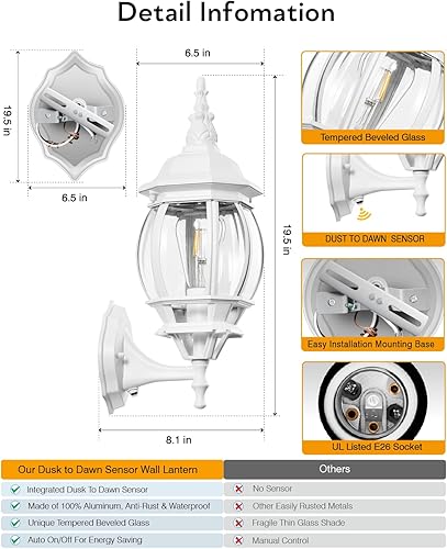 Miniatura 5 de VIANIS Luz blanca para porche del anochecer al amanecer, apliques de iluminación de pared para exteriores, lámparas exteriores 100% aluminio para