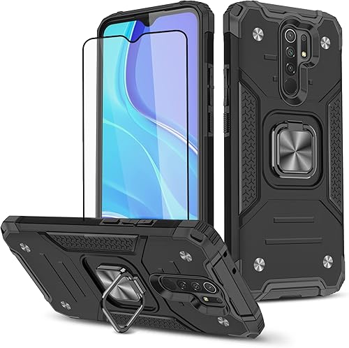 Asuwish Funda de teléfono para Xiaomi Redmi 9 con protector de pantalla de vidrio templado y soporte de anillo delgado híbrido protector móvil