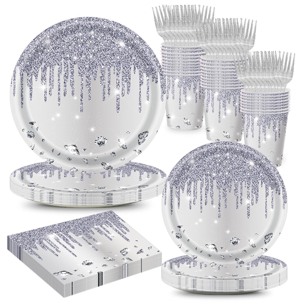 NALACAL 100pcs Party Plate/Cup/Paper Towel/Fork Sets, Party Disposable Tableware, Silver Birthday Party Supplies, Glitter Diamonds Paper Plates Napkins Forks