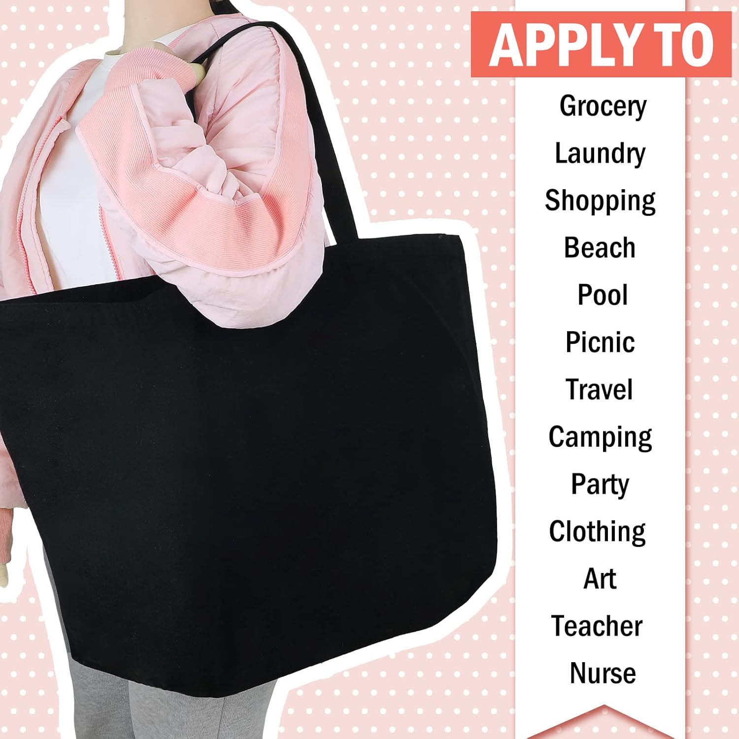 Sweetude 6 Extra Large Canvas Tote Bags Black XL Heavy Duty Grocery Beach Totes 28 x 8 x 16 Inch Reusable Oversized Big Shopping Bags with Handles - Image 4