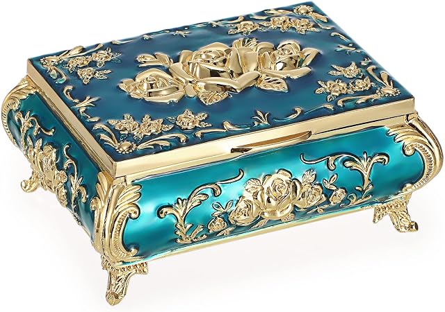 SUMNACON Vintage Metal Small Jewelry Box Trinket Box with Gold Flower Pattern, Retro Trinket Storage Organzier Box Jewelry Holder Box for Rings Earrings Necklace, Light Blue (Size S)