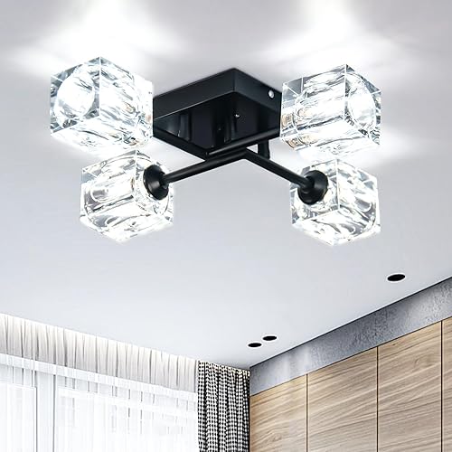 Vintage Sputnik - Lámpara de techo moderna de 4 luces, montaje semiempotrado, color negro mate, para cocina, dormitorio, sala de estar, pasillo