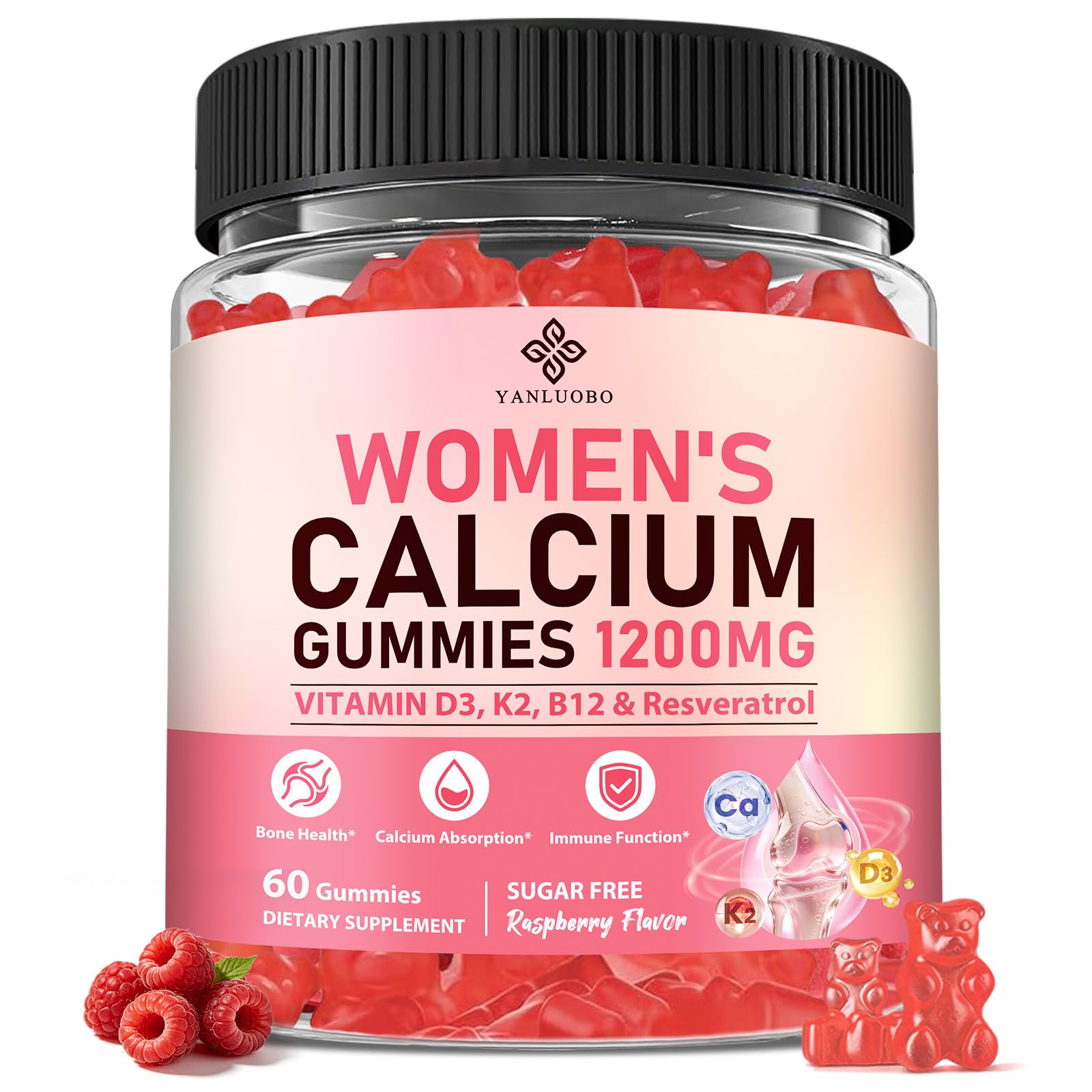 Calcium Gummies for Women，Calcium Citrate 1200 mg with Vitamin D3, K2, B12, Magnesium, Zinc & Boron, Immune Support, Calcium Supplement for Women, Vegan, Sugar-Free, 60 Count