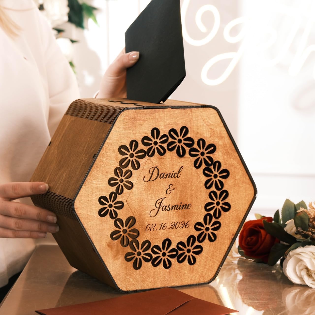 EMC Personalized Wood Card Box for Wedding & Engagement Hexagon Model – Rustic Wedding Card Holder with Slot – Bridal Shower, Baby Shower & Birthday Decor