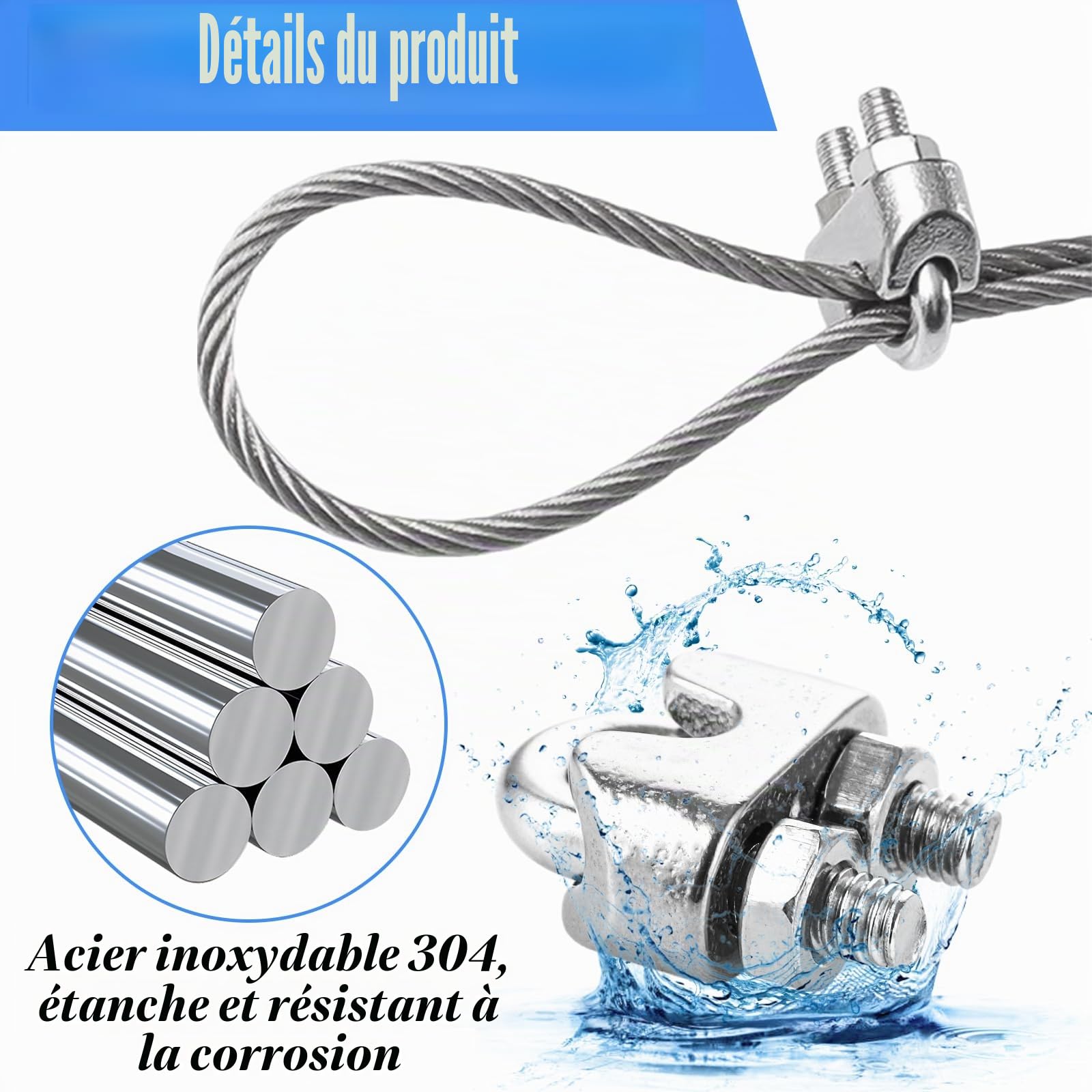 MIVIDE 40pcs Serre Cable Inox 3mm, Serre Cable Acier M3, 3mm Serre-Câbles Etrier U pour Câble Métallique, Fil, Corde