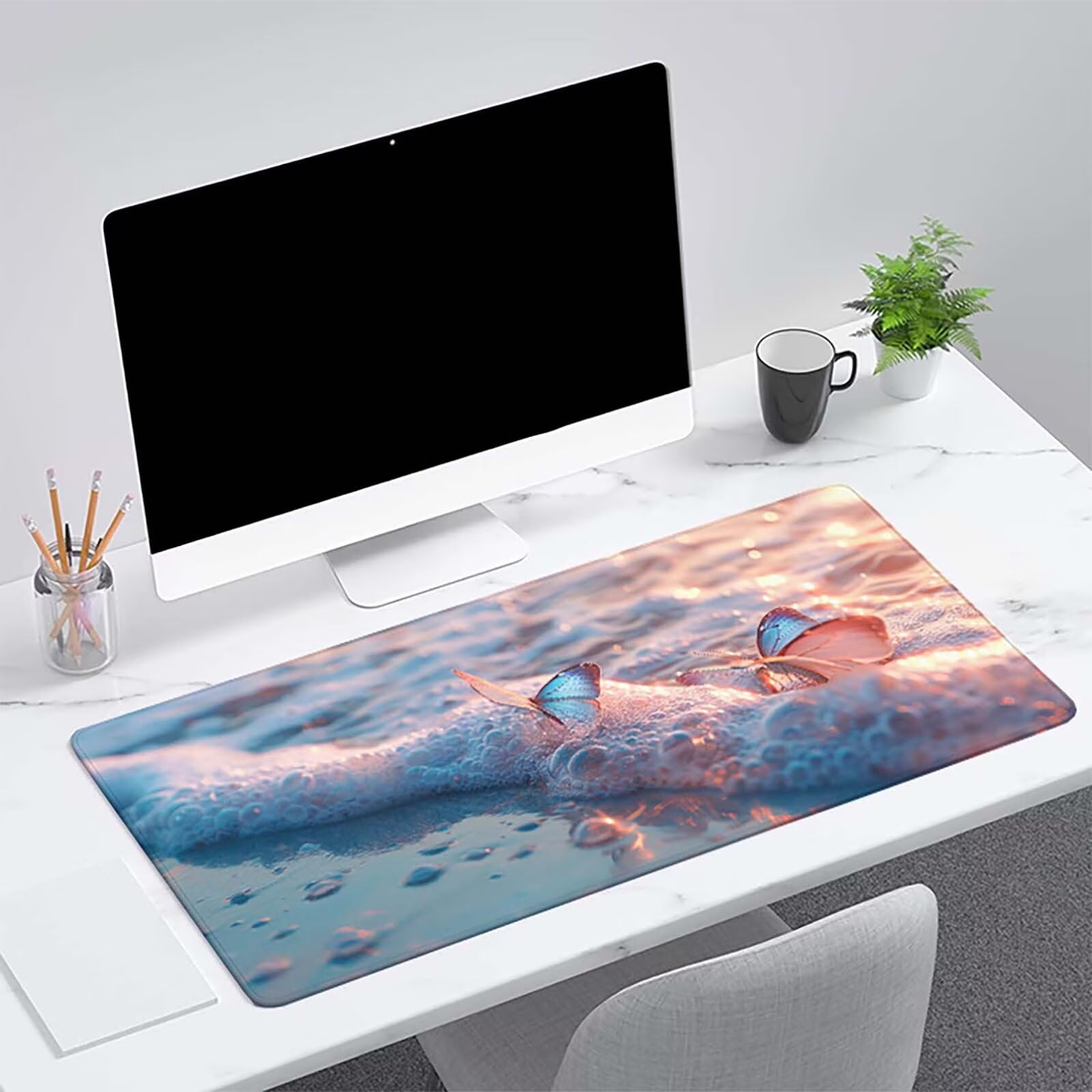 Podkładka pod mysz dla graczy Flots Podkładka pod mysz XXL 1200 x 600 mm, biała podkładka pod mysz podkładka na biurko akcesoria biurowe przeszyte krawędzie podkładka pod mysz do gier, domu i biura,