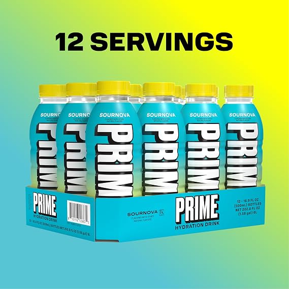 PRIME Hydration SOUR NOVA, Sports Drinks with Coconut Water, Electrolyte Enhanced to Replenish Fluids, Zero Added Sugar, B Vitamins, Antioxidants, Made with Natural Flavors, 16.9 Fl Oz 12 Pack