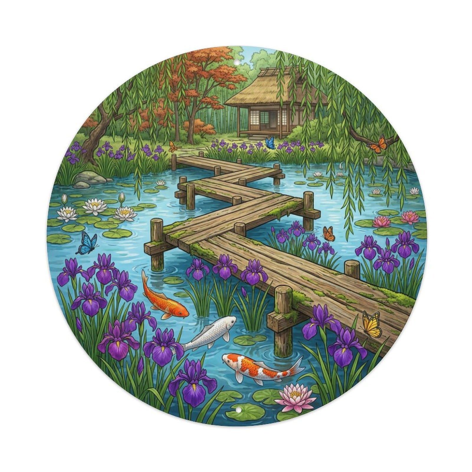 Galvaxio Style Japanese Garden Bridge Koi Fish Iris Flowers Metal Tin Sign
