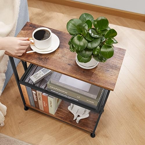 Miniatura 16 de GIOPACO Mesa auxiliar estrecha, mesa auxiliar con estantes de almacenamiento de 3 niveles, mesas auxiliares delgadas industriales rústicas para