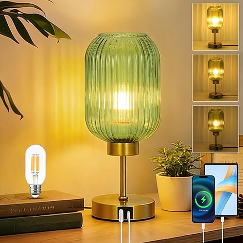 Lámpara de mesa vintage para dormitorio con bombilla, pequeña lámpara de cristal verde con puertos USB, lámpara de escritorio dorada regulable de 3