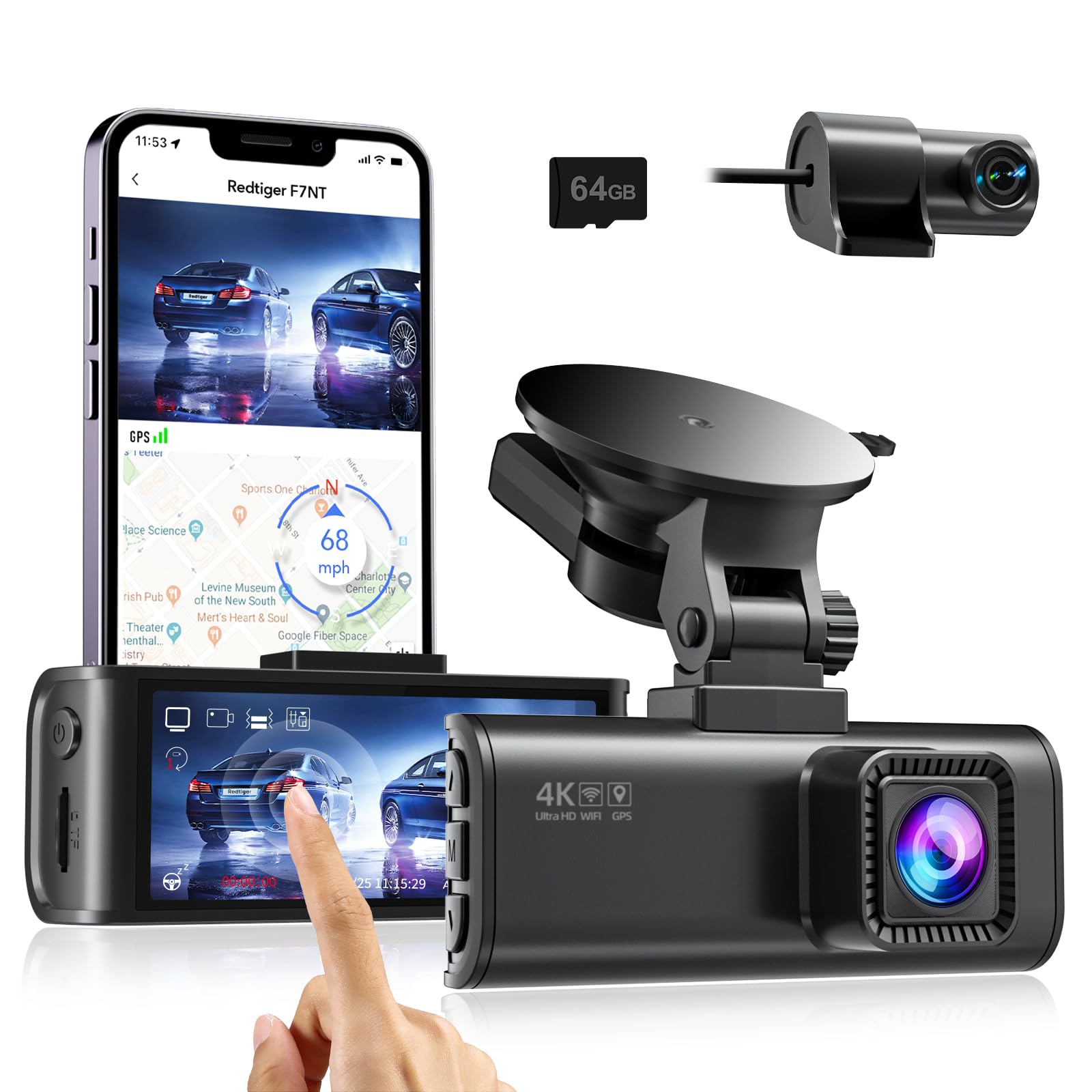 REDTIGER 4K Dash Cam Front and Rear, Touch Screen with 3.18 Inch, 64GB Card Include, Car Dash Camera Built-in WiFi GPS(F7NT)