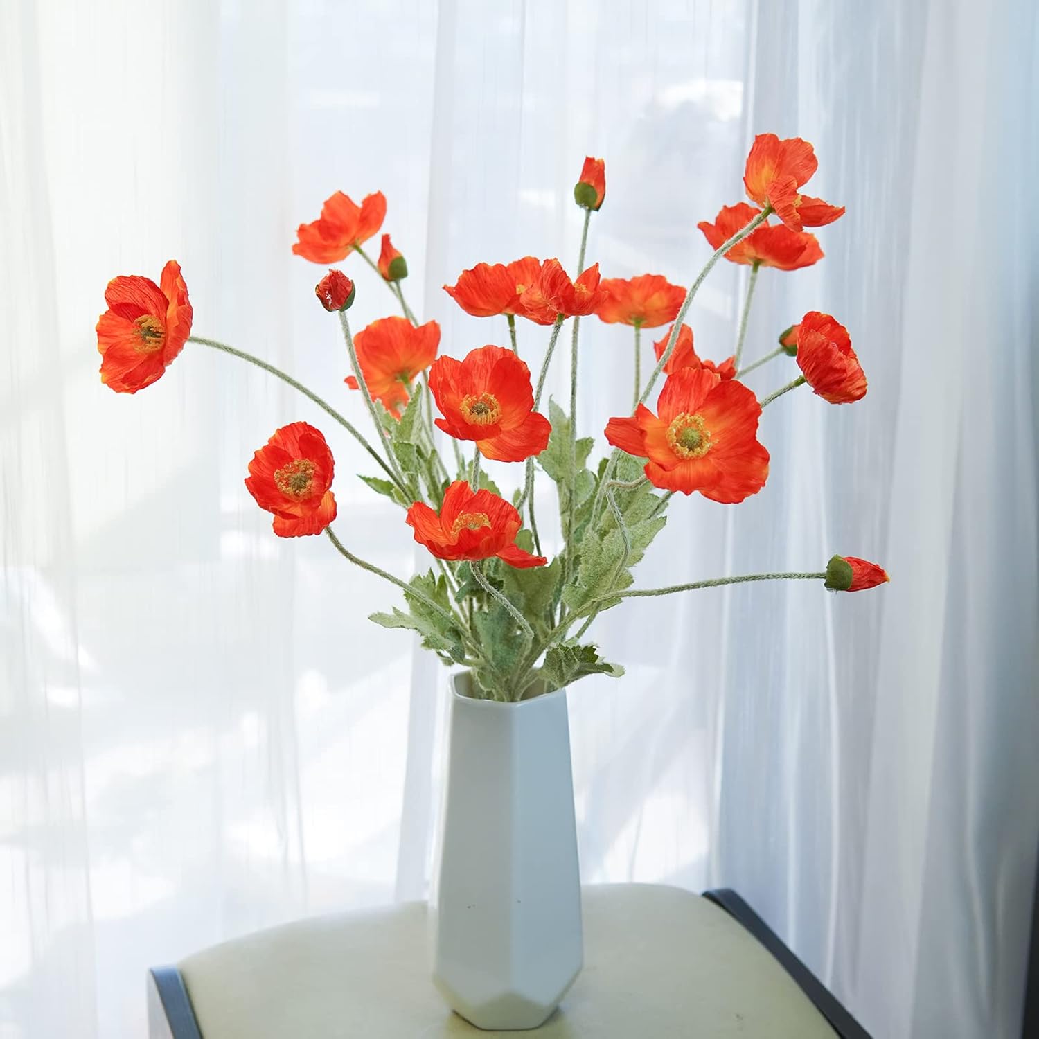 Artificial Flowers 5Pcs Poppies Flowers Artificial Silk Flowers for Home Office Wedding Outdoor Decor (Dark Orange) - Image 2