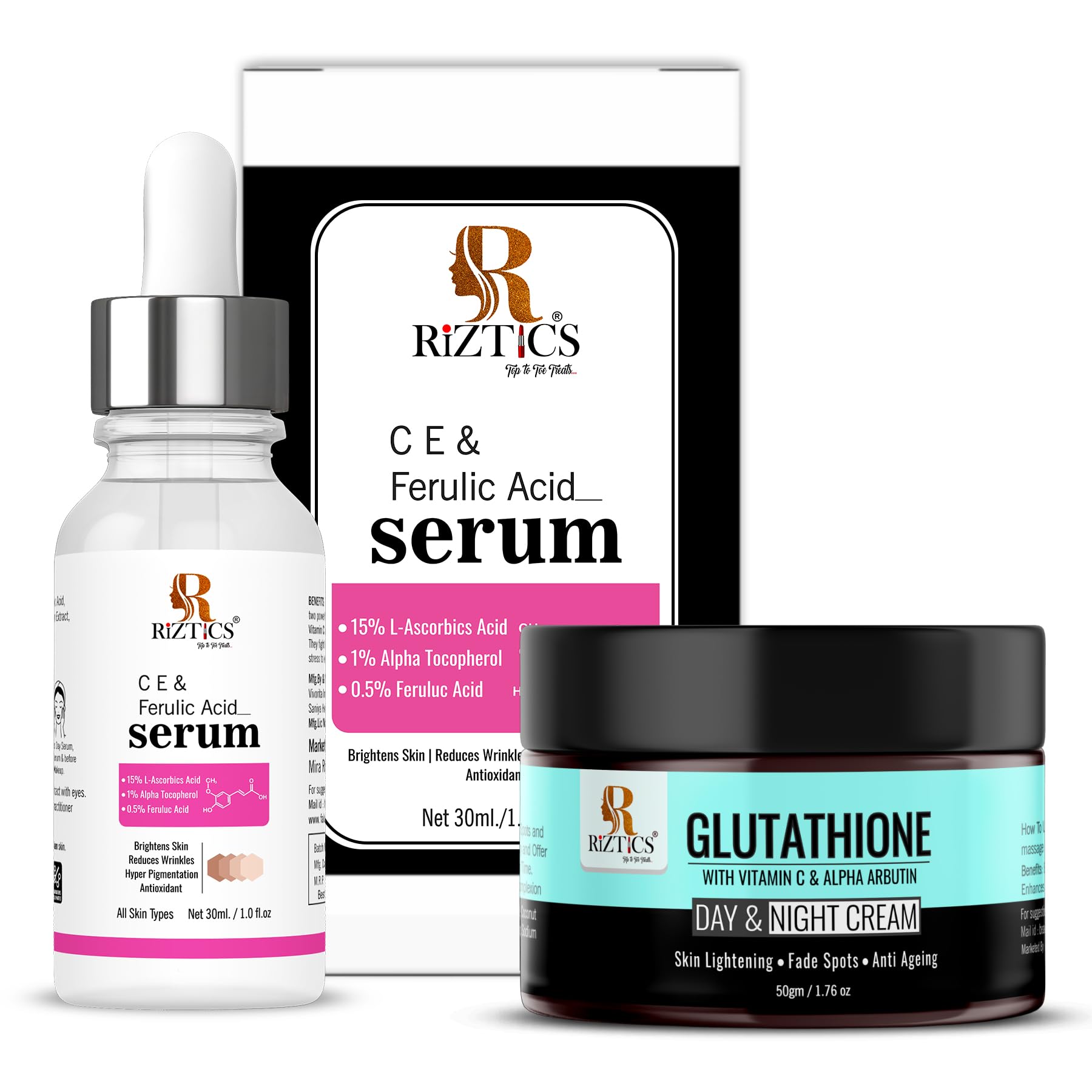 L-Glutathione Cream for Skin Whitening with Vitamin C & Arbutin Fade Dark Spots and Anti Ageing 50gm - Vitamin C Serum for Skin Brightening & Boost Collagen 30Ml - By Riztics