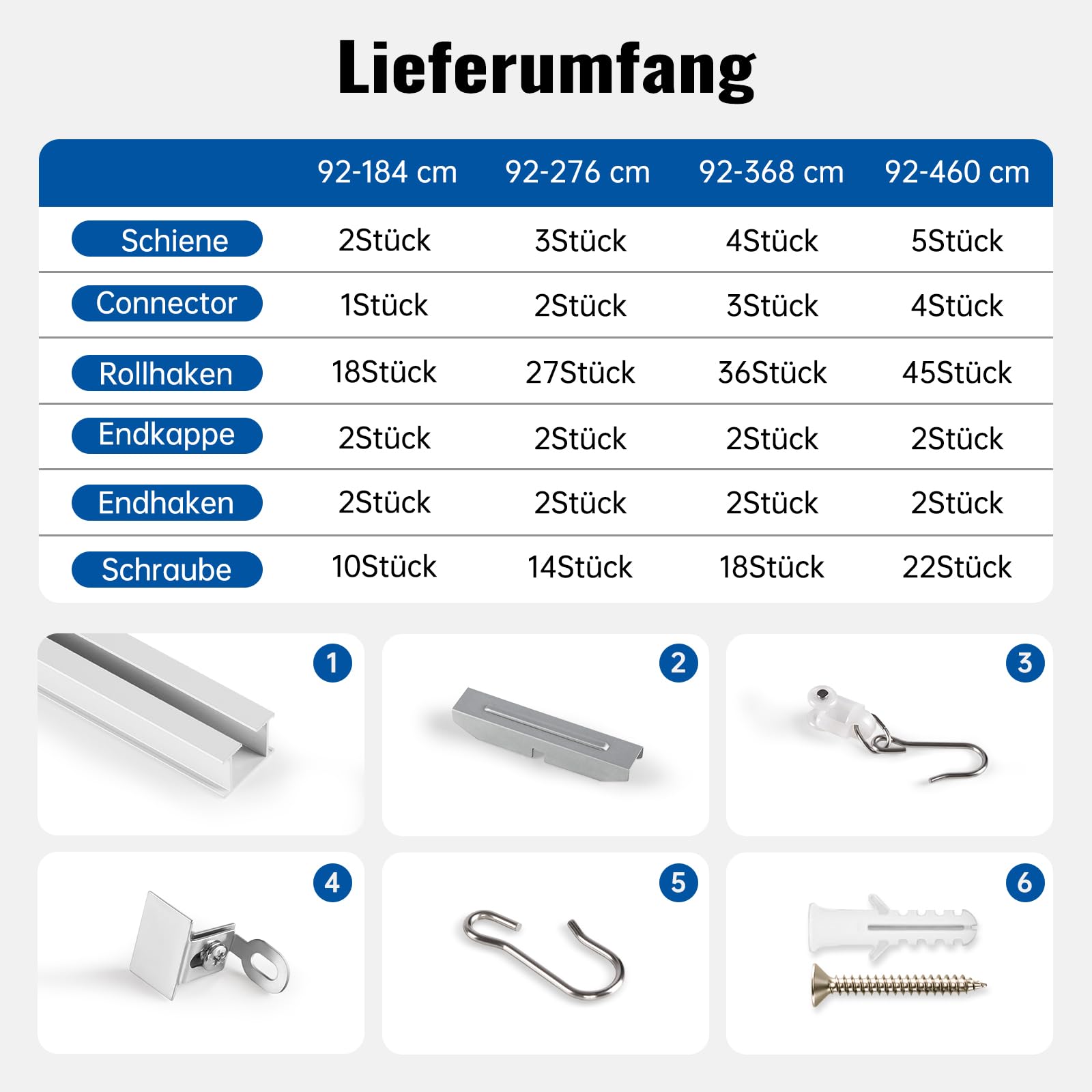 Kit de Rail pour Rideaux de Plafond 92-276 cm | avec Coulisseaux | Rail en Aluminium pour Fenêtre, Chambre et Salon, Blanc