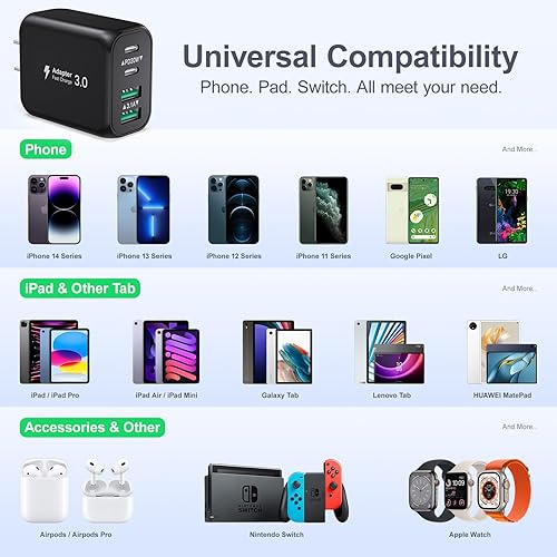 Miniatura 7 de Bloque de cargador USB, 40 W, 4 puertos, doble QC+PD3.0, bloque de carga rápida, adaptador de corriente USB C, enchufe de pared para iPhone