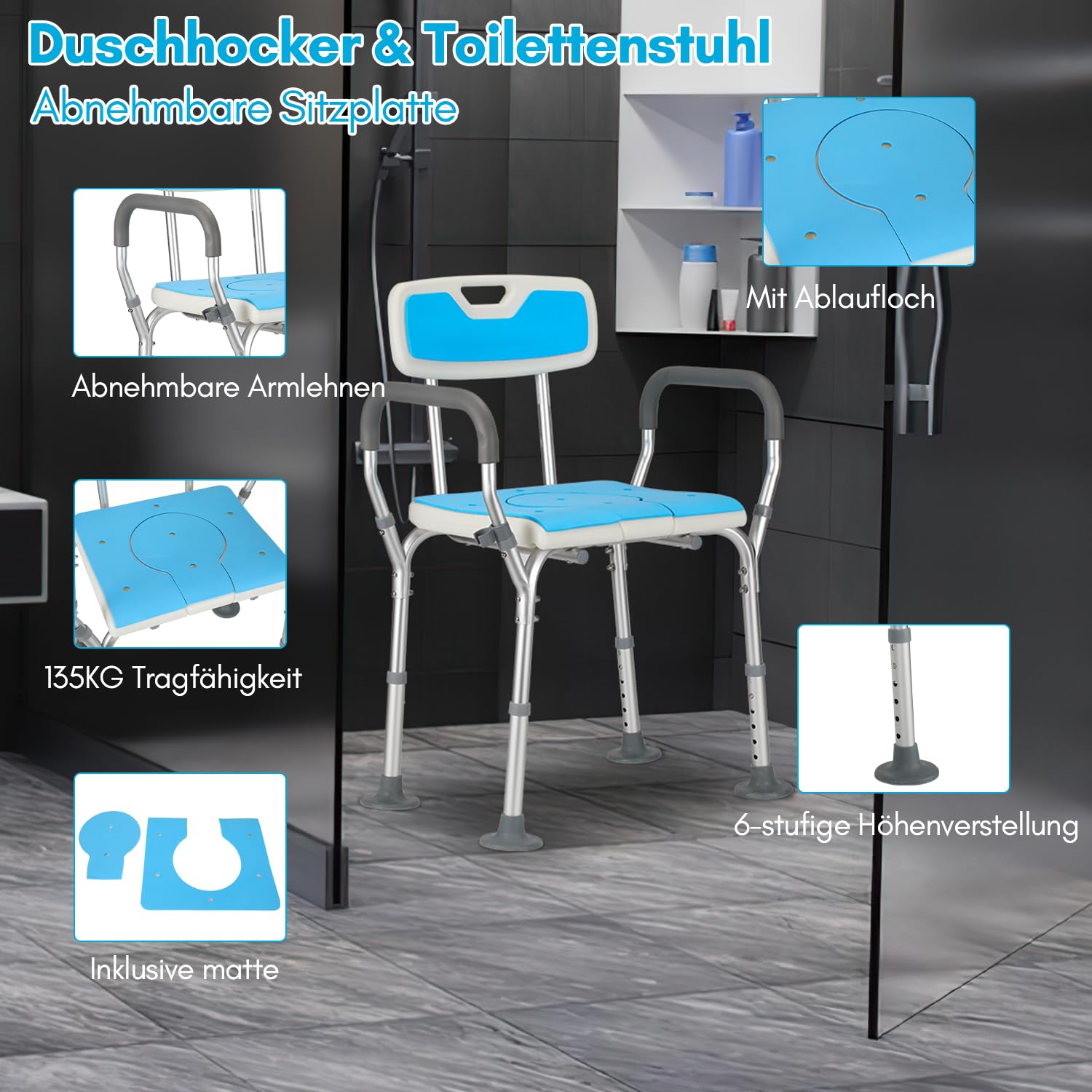 Taburete de ducha para personas mayores, asiento con respaldo, apoyabrazos, altura ajustable, cojín extraíble, antideslizante, ayuda a la ducha de aluminio