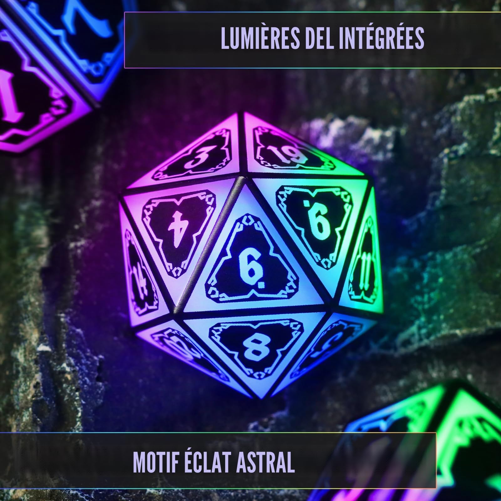 FONVGOGO Dés JDR Dés Jeu de Role pour Donjon et Dragon, Set de des JDR 7 Pièces Lumineux sans Fil Rechargeables avec Boîtier de Chargement Polyédriques DND Dice Set (Coloré)