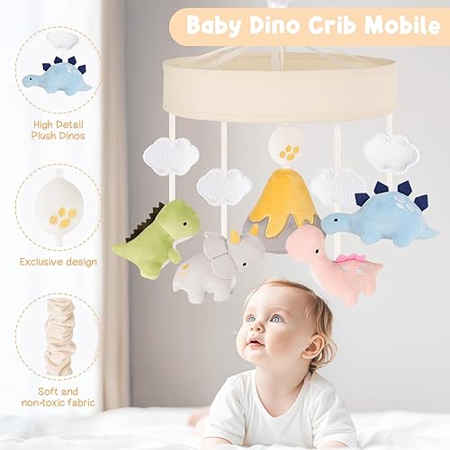Miniatura 2 de Móvil de dinosaurio para cuna Móvil de cuna beige para bebé con caja de música de 3 modos, móvil para habitación infantil con Triceratops, T-Rex,