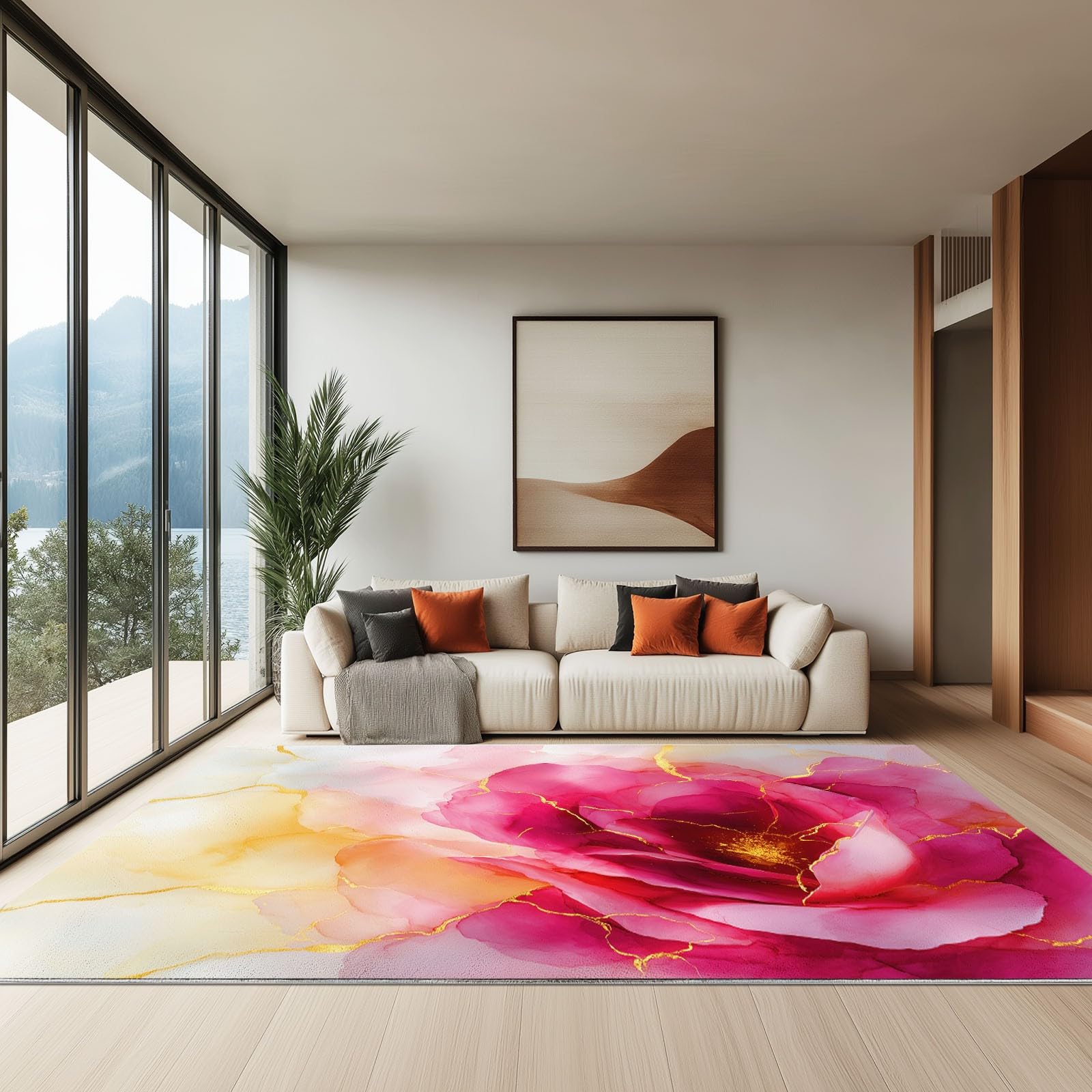 Générique Dywan do salonu róże malowanie tuszem alkoholowym 180 x 240 cm krótkie włosie dywan, nowoczesny pokój dziecięcy dorosły różowy miękki zmywalny antypoślizgowy dywan do przedpokoju kuchni