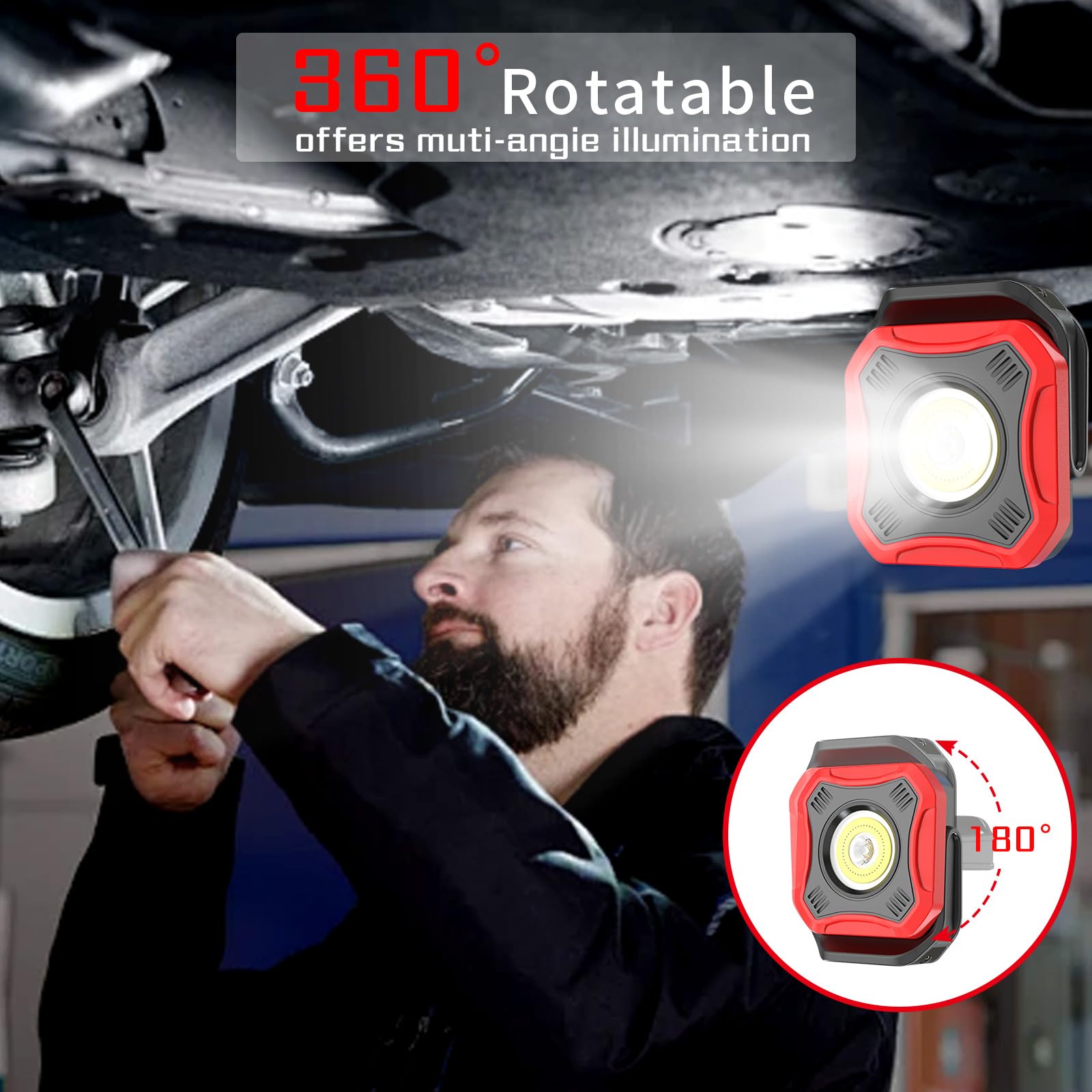 Lampe de travail LED, 1000 lumens, super lumineuse, lampe d'inspection, lampe d'inspection, 4 modes d'éclairage avec base magnétique et rotation à 180 °, pour garage, atelier, camping
