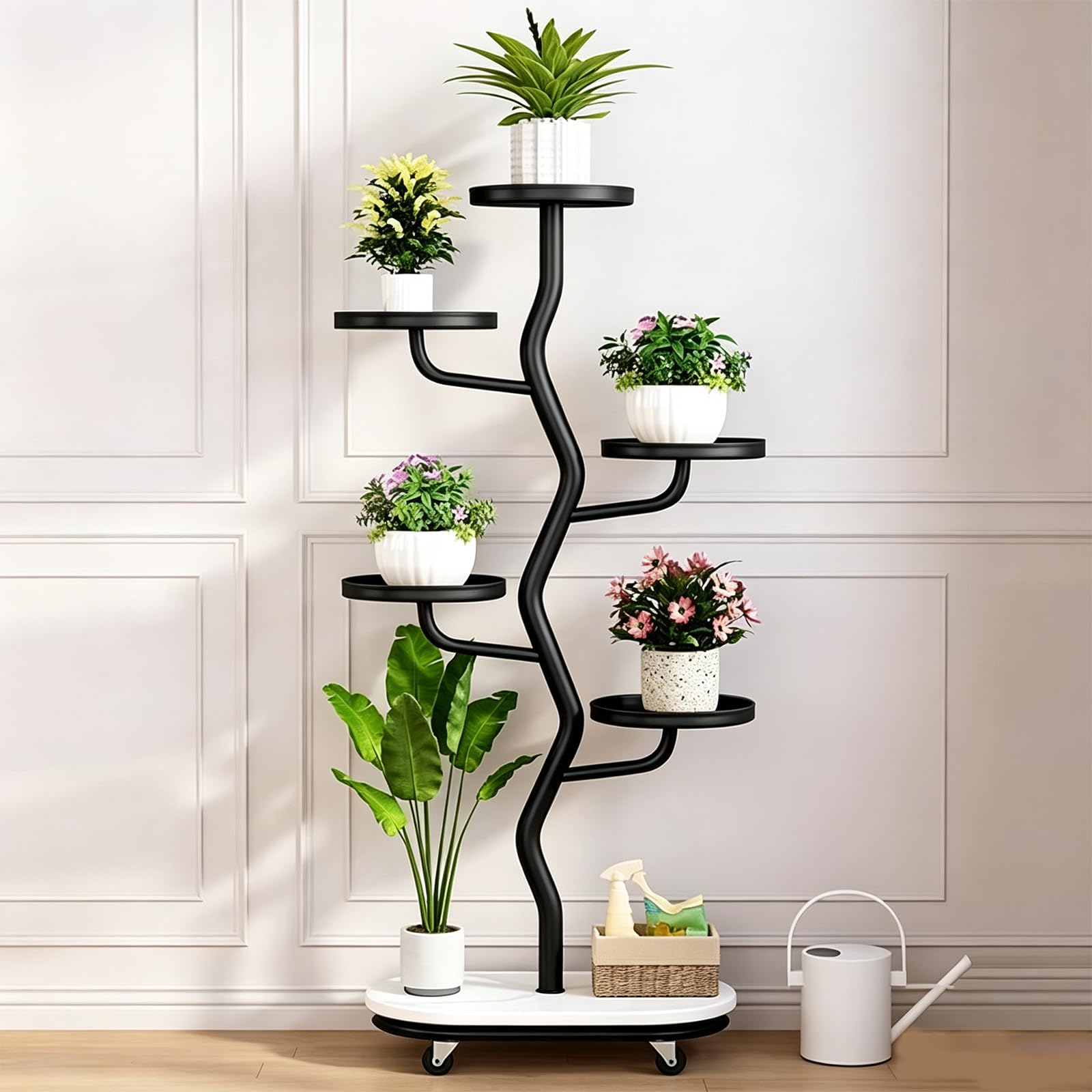 ATRBNCX Tall 6 Tier Corner Plant Stand With Wheels, Sturdy Metal Flower Shelving Unit For Multiple Pots(Color:Black)